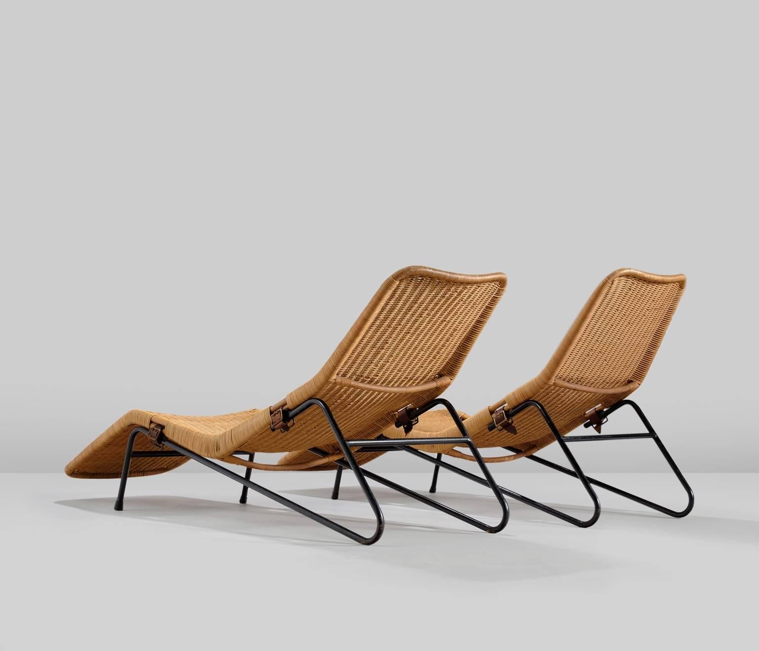 European Set of Two Chaise Lounges in Cane