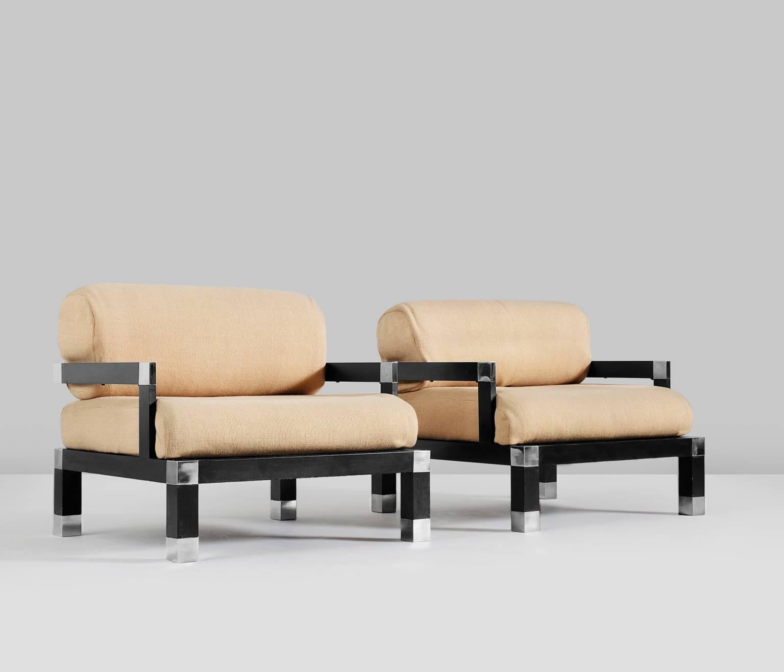 Set of two lounge chairs, in wood, fabric and metal by Romeo Rega, Italy, 1960s. 

Very nice designed Italian pair of club chairs with solid wooden frames and very nice off-white / ecru fabric designed by Romeo Rega. Due to the fact the solid