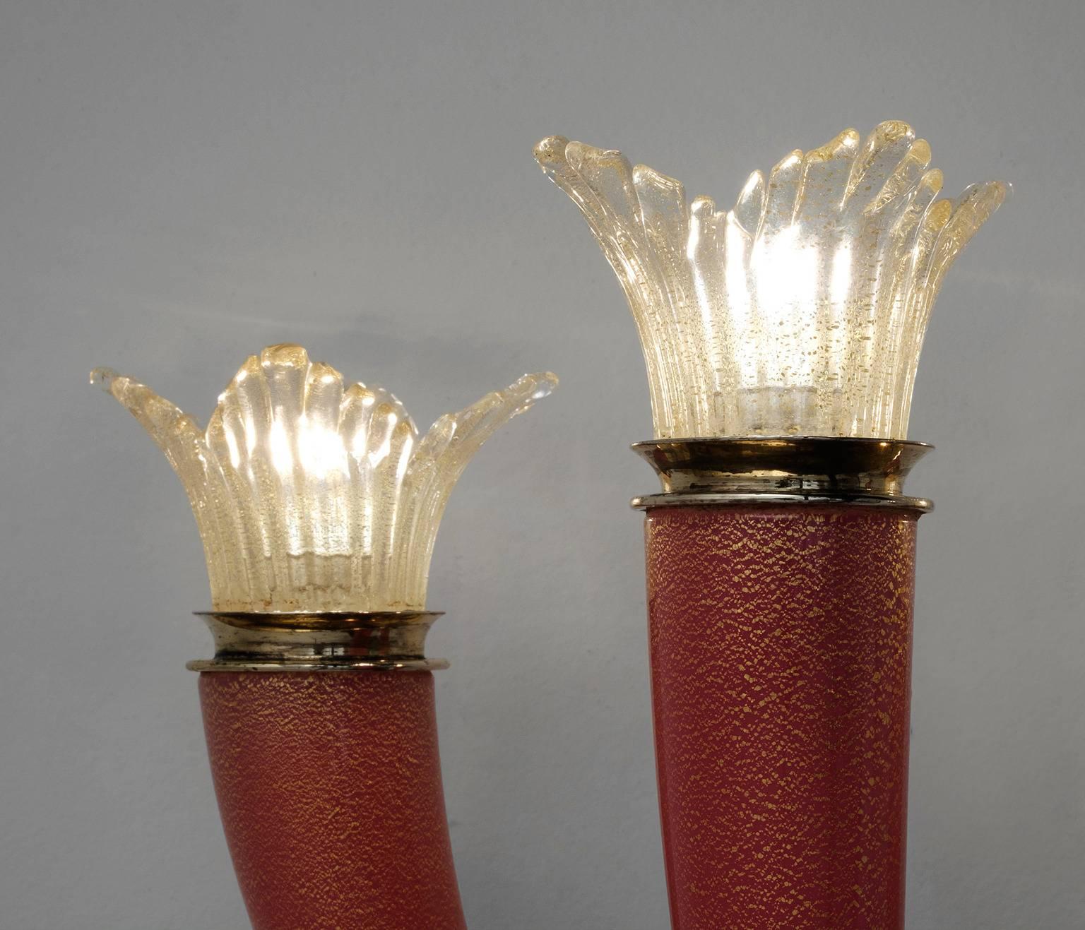 Italian Tomaso Buzzi Extremely Rare Pair of Red Sconces for Venini