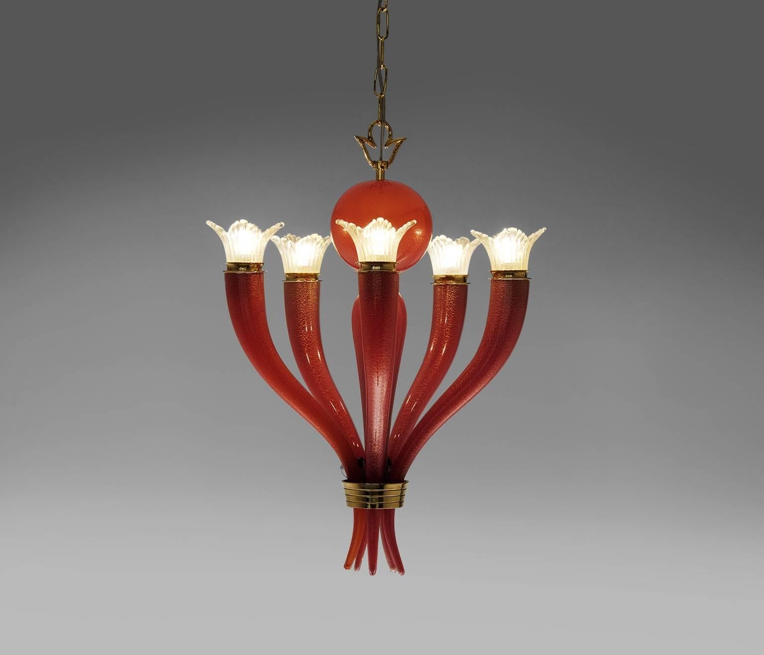Chandelier, in Murano glass and brass, by Tomaso Buzzi for Venini, Italy 1930s.

This handblown glass pendant truly is spectacular. The five Horn shaped elements are very elegant and well proportioned. The smooth curves in red glass are mounted
