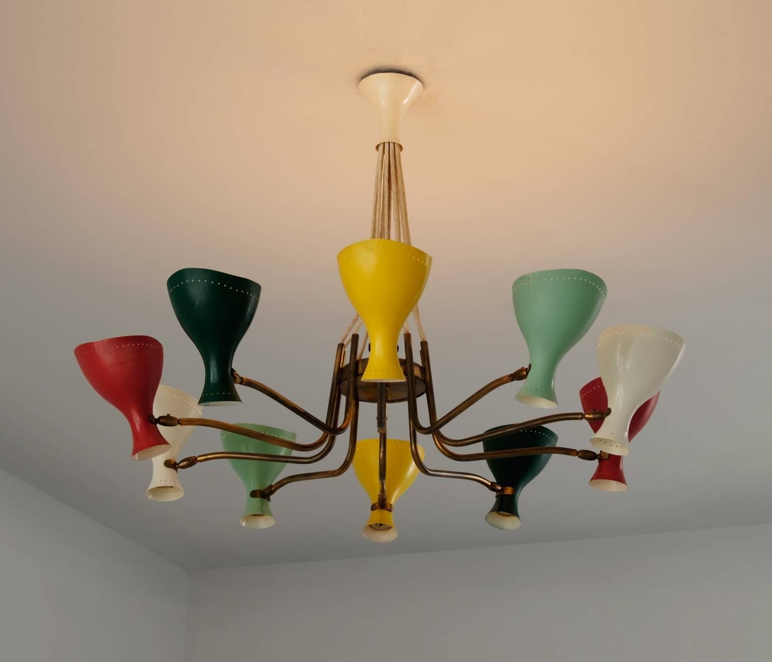 Chandelier, in metal and brass, Italy 1960s. 

Very nice designed large ceiling lamp with ten brass stems each with a colored metal shade in the style of Arredoluce and stilnovo. The metal shades are coated in black, white, red, green and yellow.