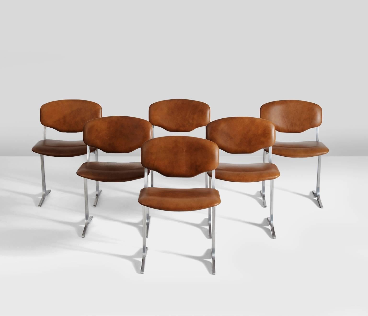 Mid-Century Modern Set of Six Dining Chairs with Cast Aluminum Details