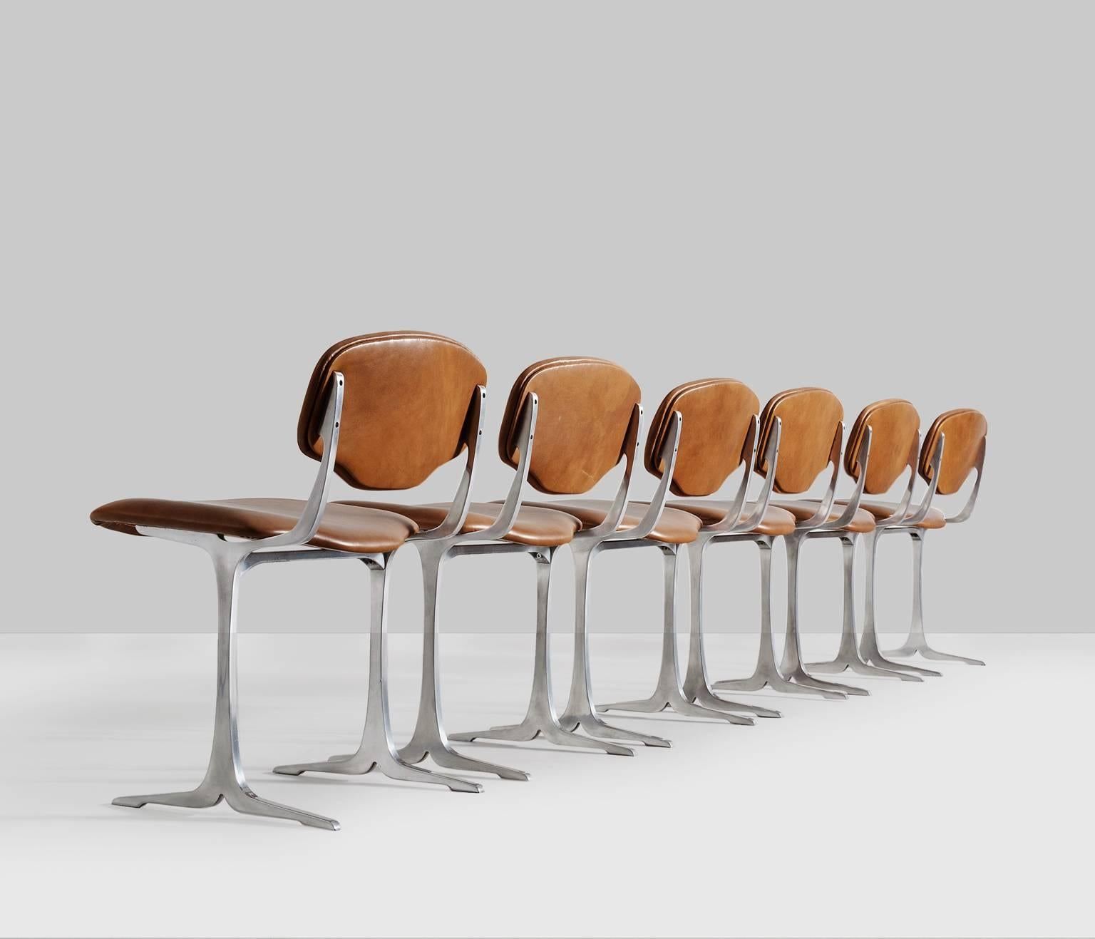 Mid-20th Century Set of Six Dining Chairs with Cast Aluminum Details