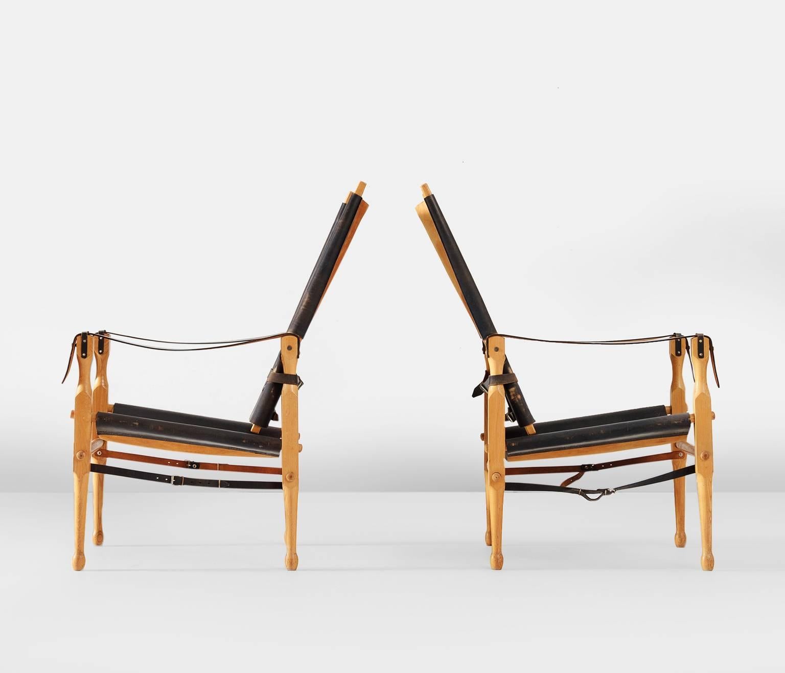Mid-Century Modern Safari Chairs in Original Black Saddle Leather, Denmark, 1960s