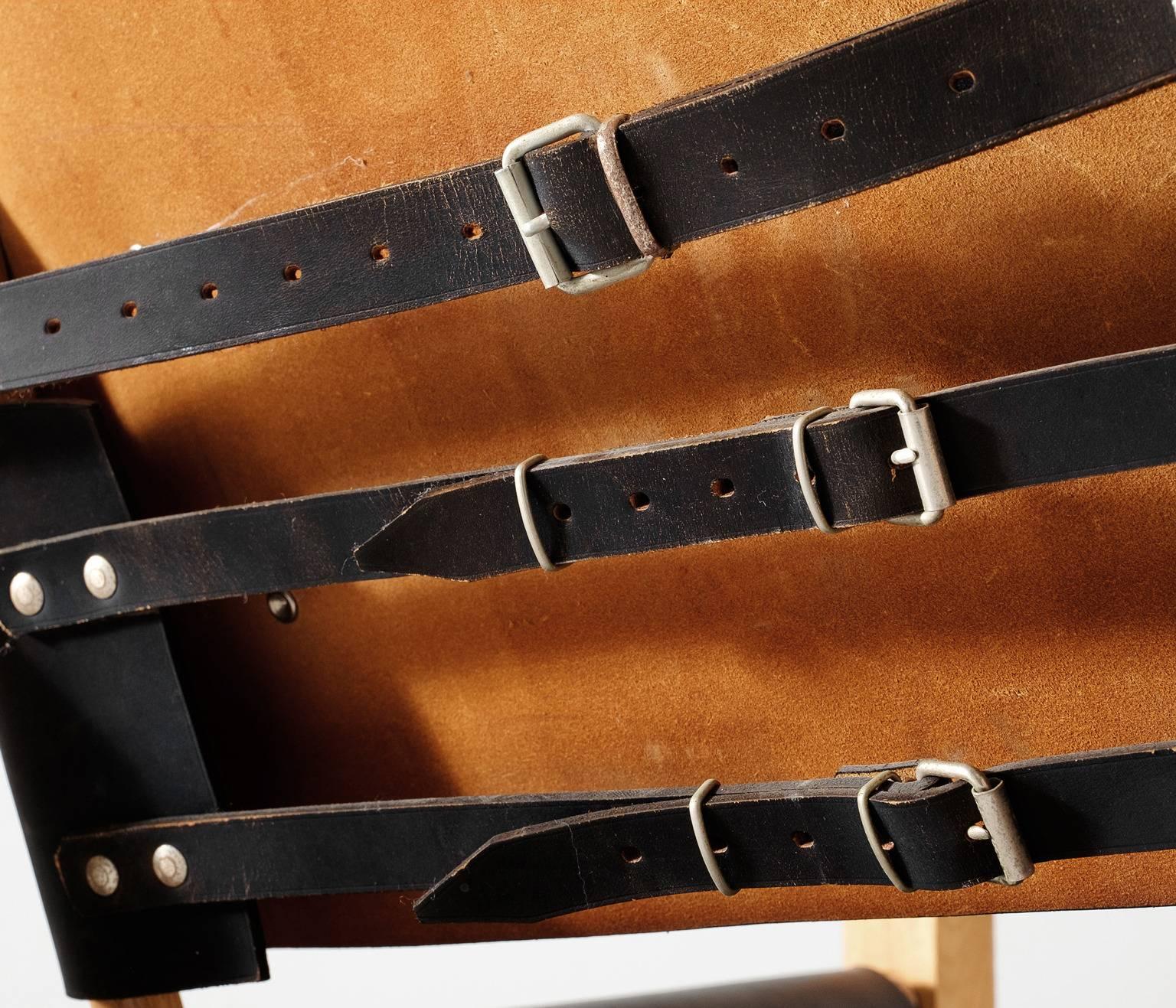 Beech Safari Chairs in Original Black Saddle Leather, Denmark, 1960s