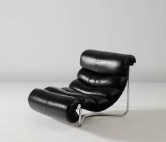 Georges Van Rijck Lounge Chair in Black Leather and Chrome, Belgium, 1972