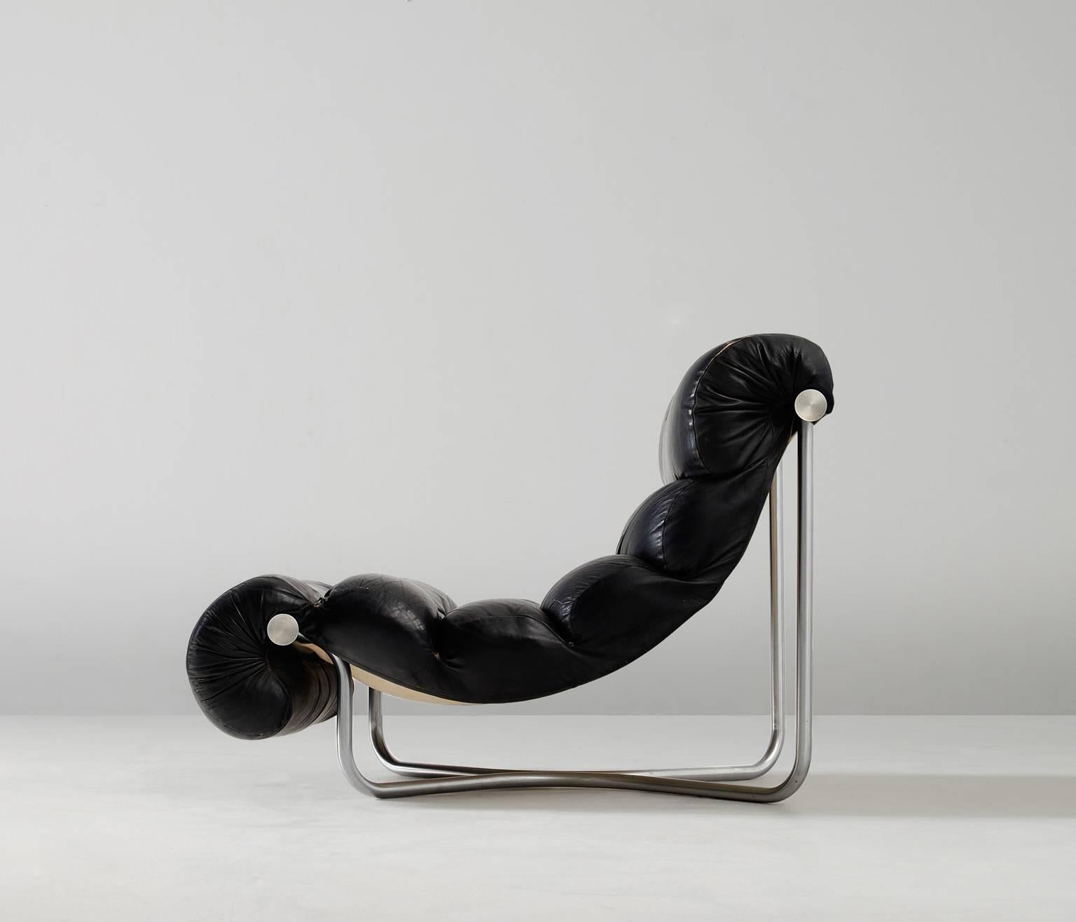 Mid-Century Modern Georges Van Rijck Lounge Chair in Black Leather and Chrome, Belgium, 1972