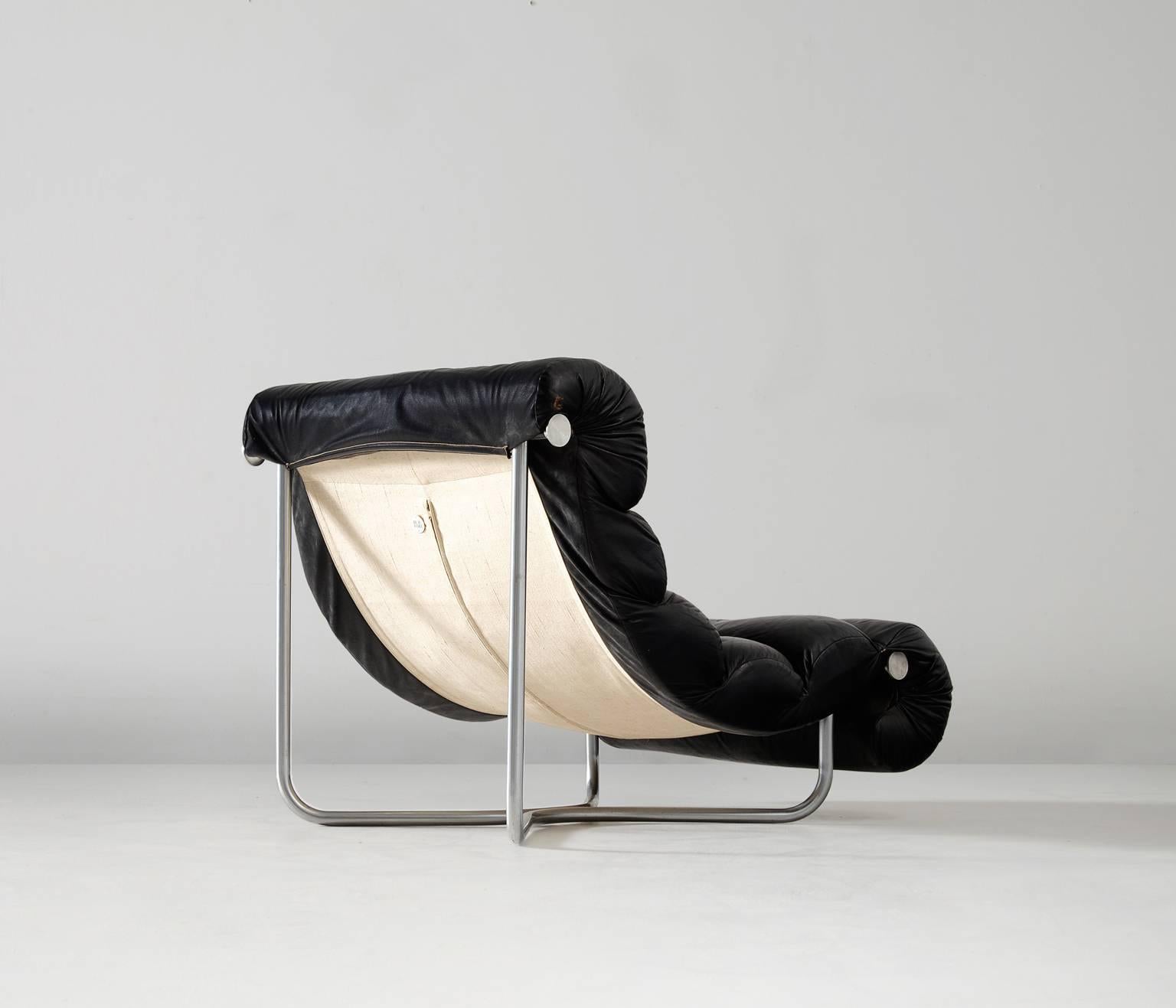 Belgian Georges Van Rijck Lounge Chair in Black Leather and Chrome, Belgium, 1972