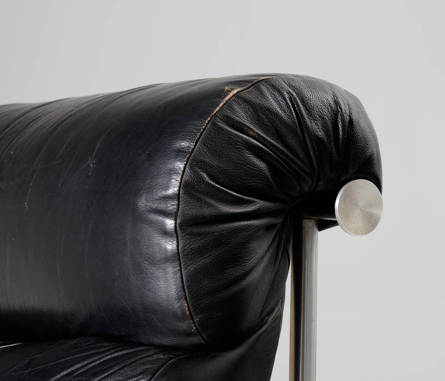 Late 20th Century Georges Van Rijck Lounge Chair in Black Leather and Chrome, Belgium, 1972