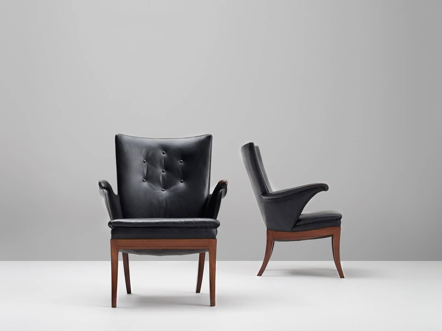 Mid-Century Modern Frits Henningsen Pair of Armchairs in Mahogany and Original Black Leather 