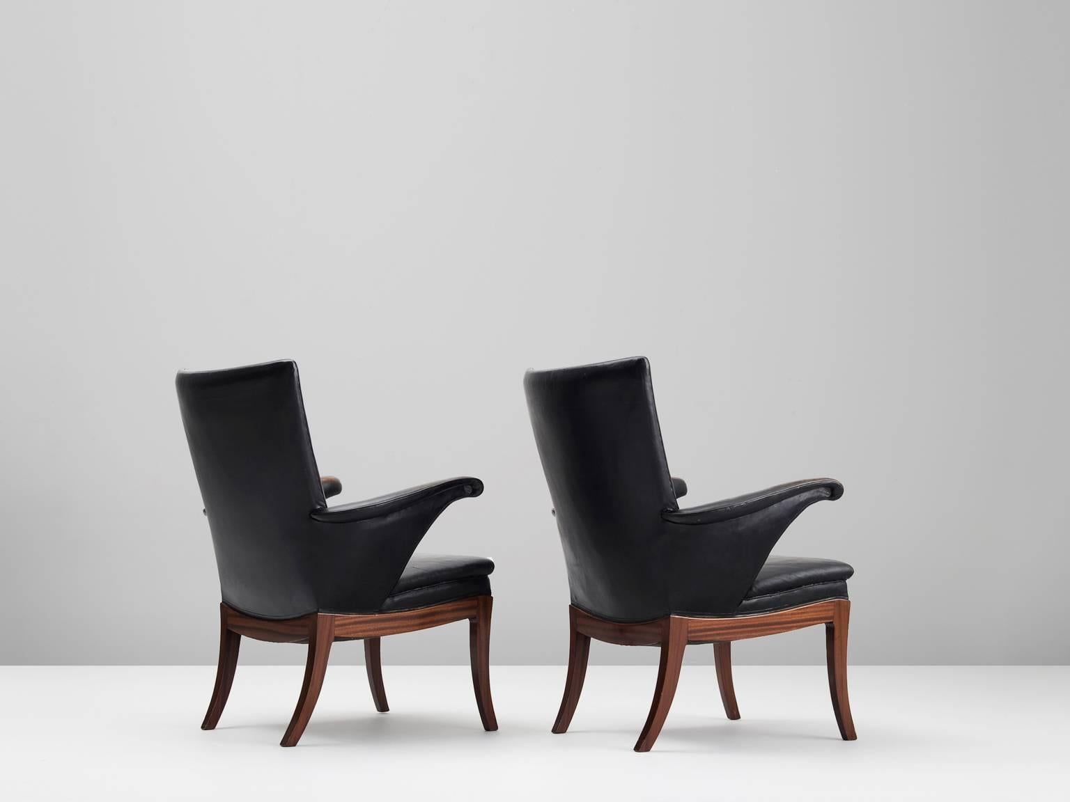 Danish Frits Henningsen Pair of Armchairs in Mahogany and Original Black Leather 