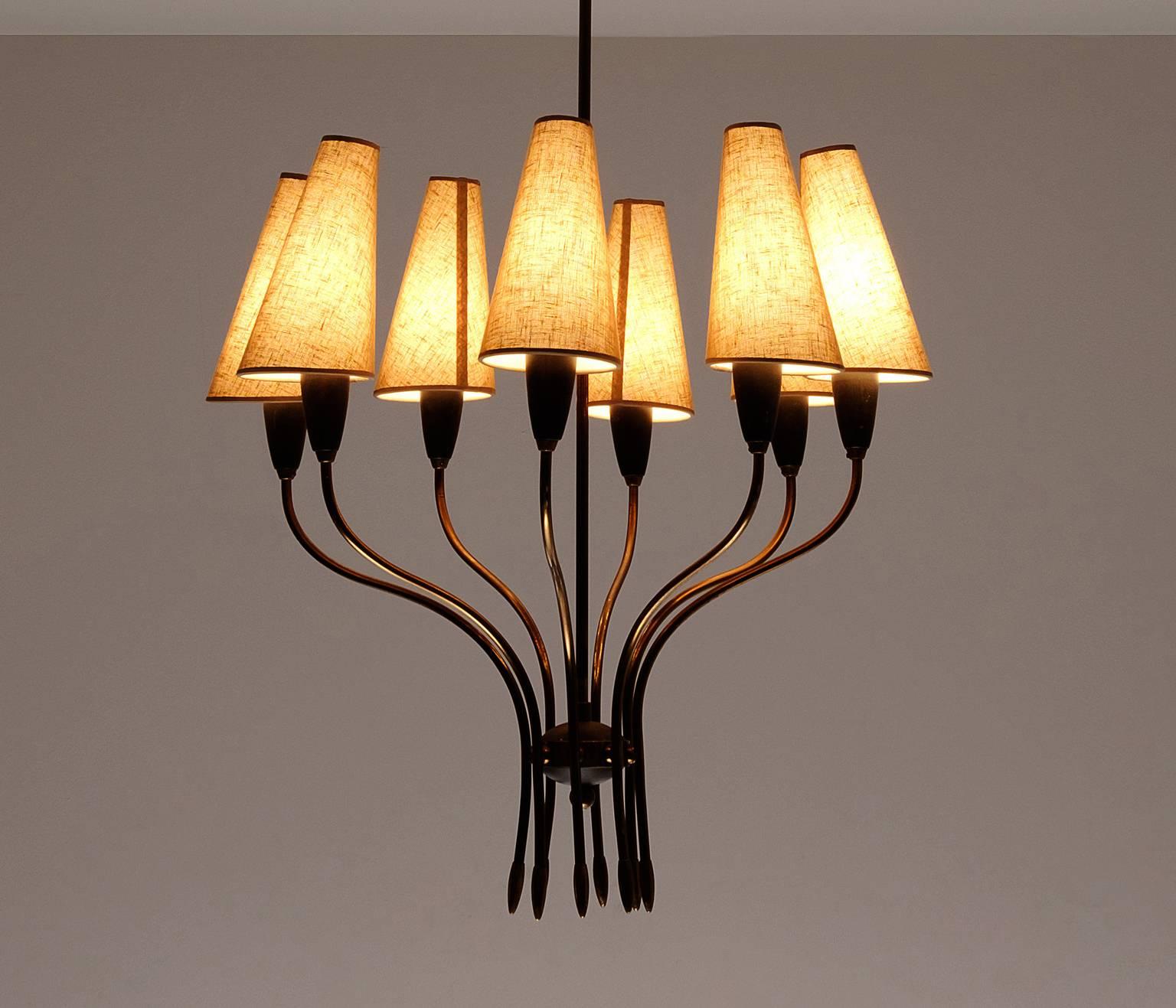 Mid-Century Modern French Chandelier in Brass with Eight Shades