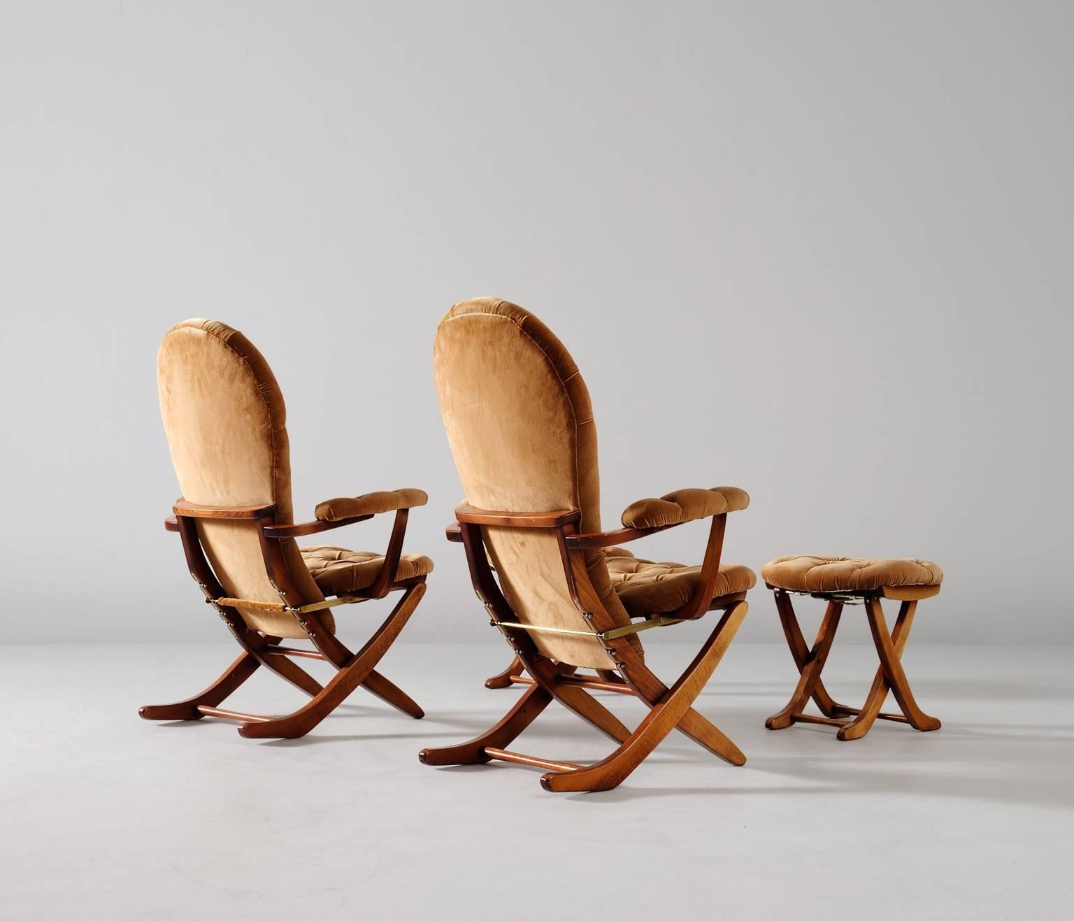 Mid-Century Modern Pair of Adjustable Chairs with Ottoman