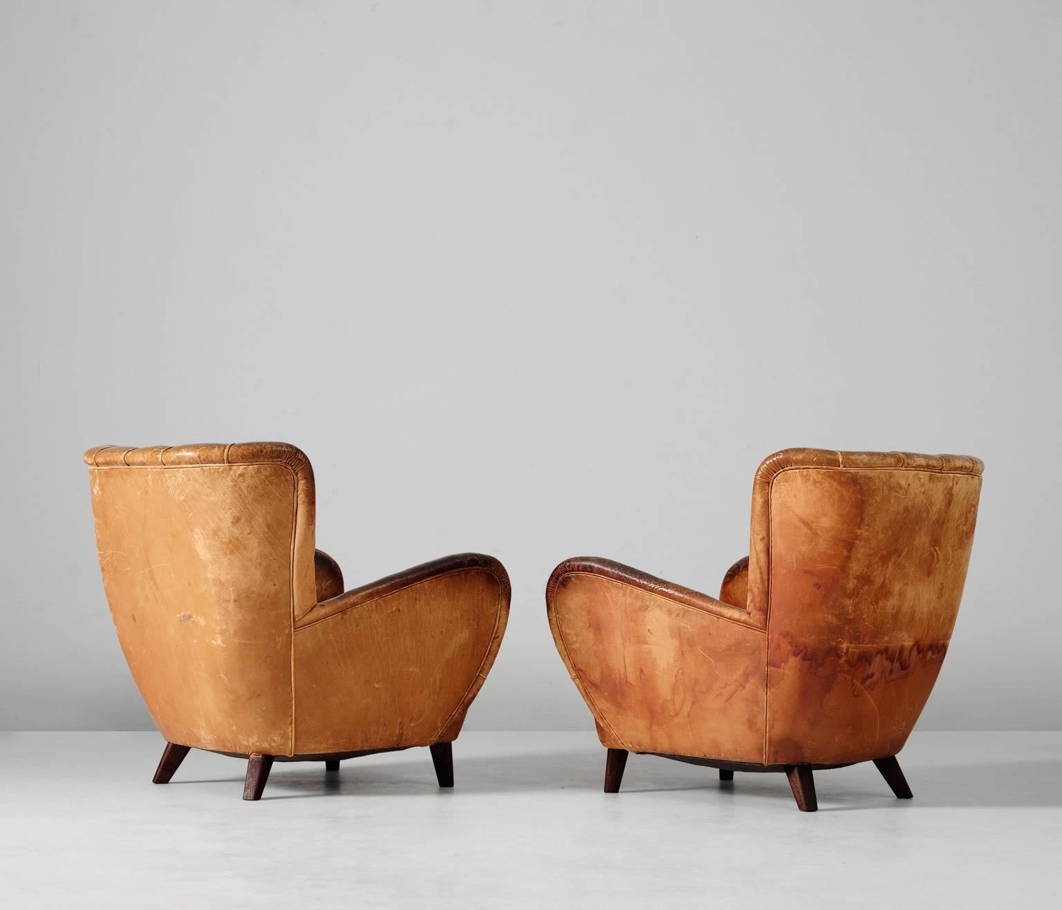 European Lounge Chairs in Original Cognac Leather Upholstery, 1930s