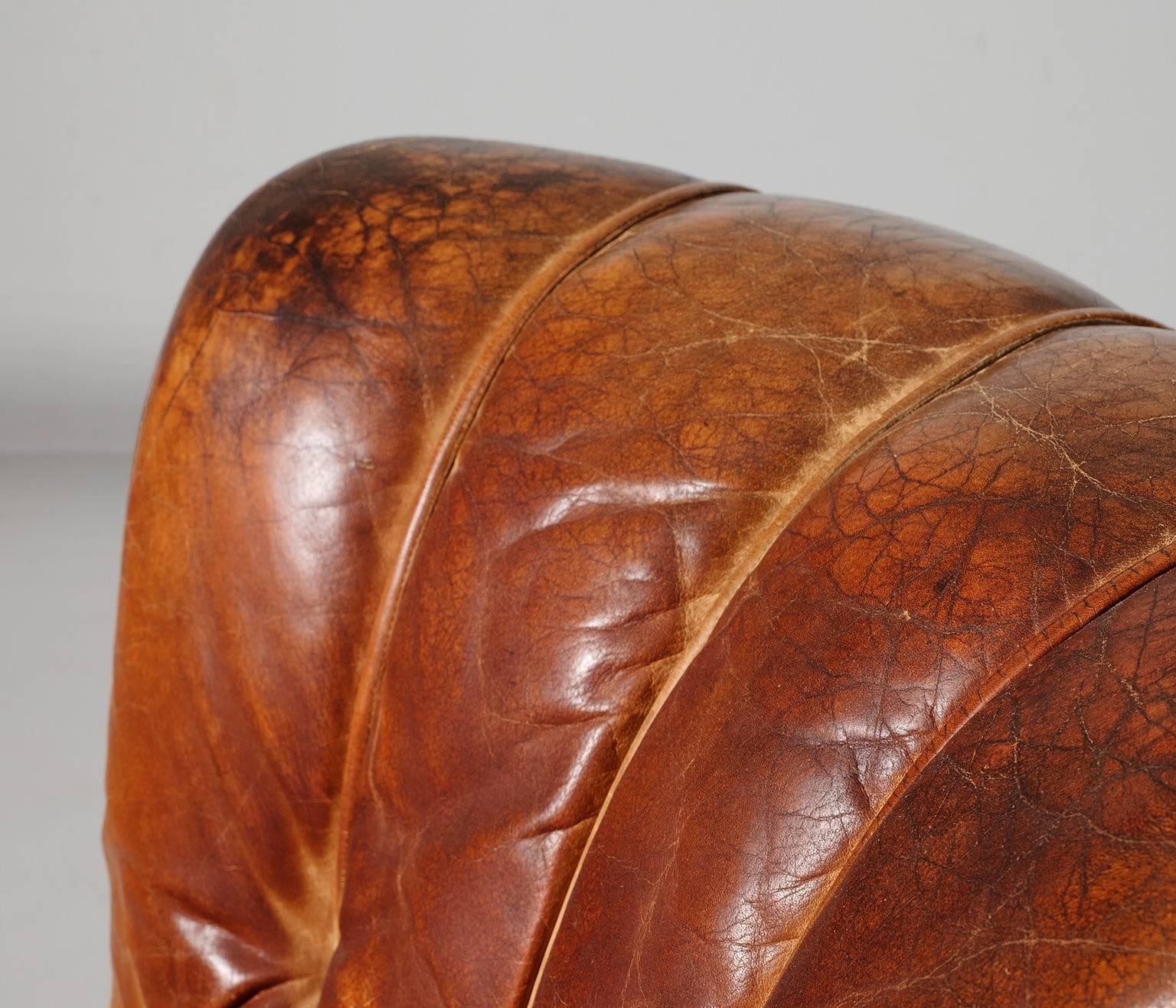 Mid-20th Century Lounge Chairs in Original Cognac Leather Upholstery, 1930s