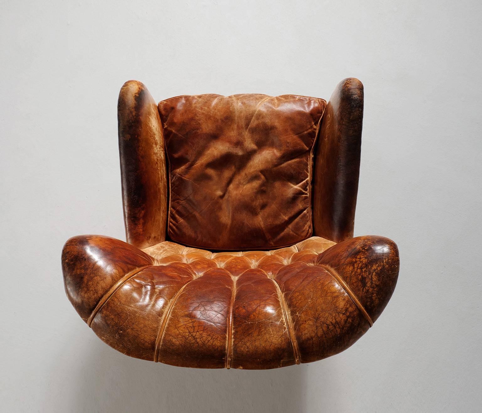 Stained Lounge Chairs in Original Cognac Leather Upholstery, 1930s