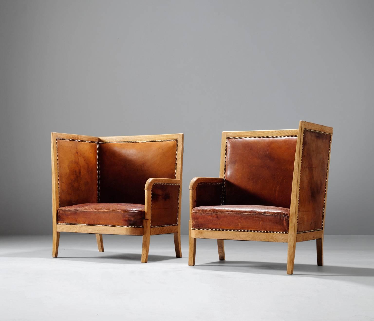 Scandinavian Pair of High Back Chairs in Cognac Leather