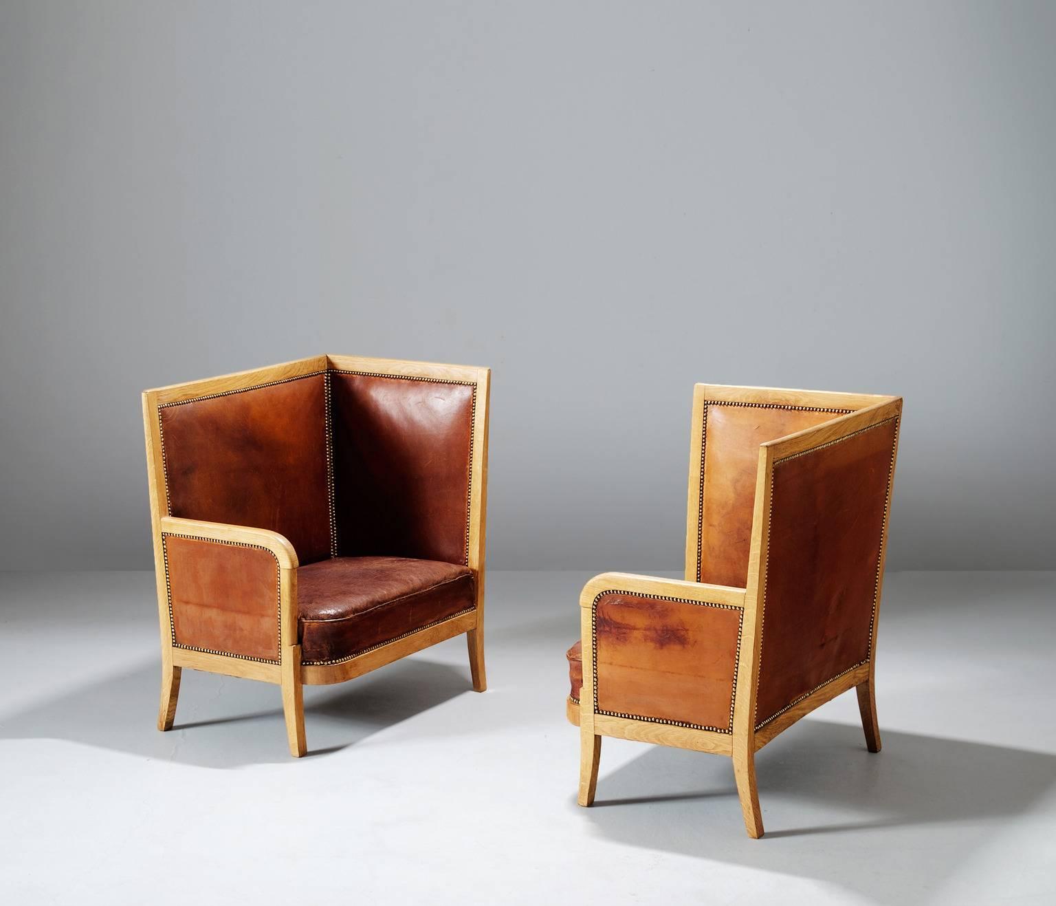 Mid-Century Modern Pair of High Back Chairs in Cognac Leather