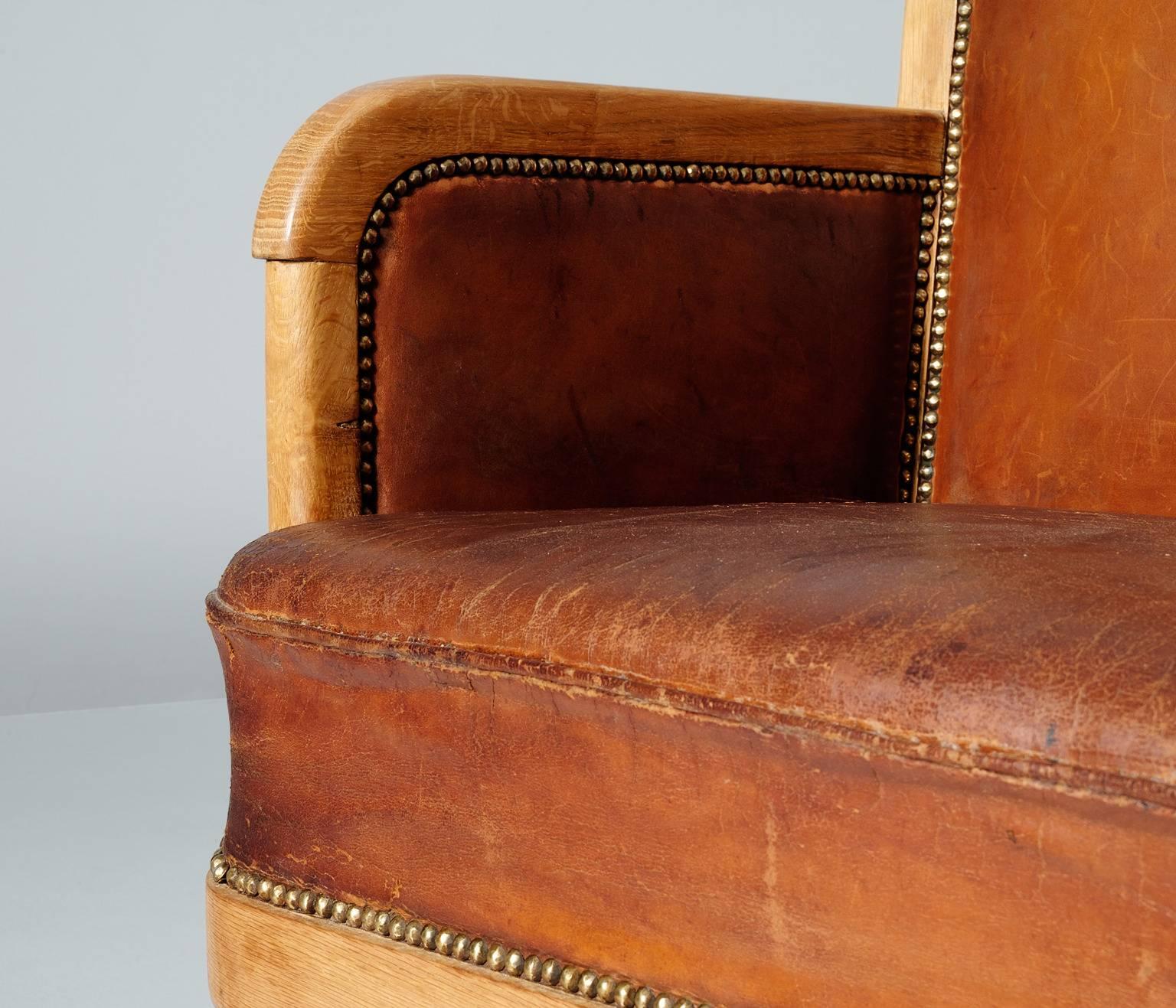 Brass Pair of High Back Chairs in Cognac Leather