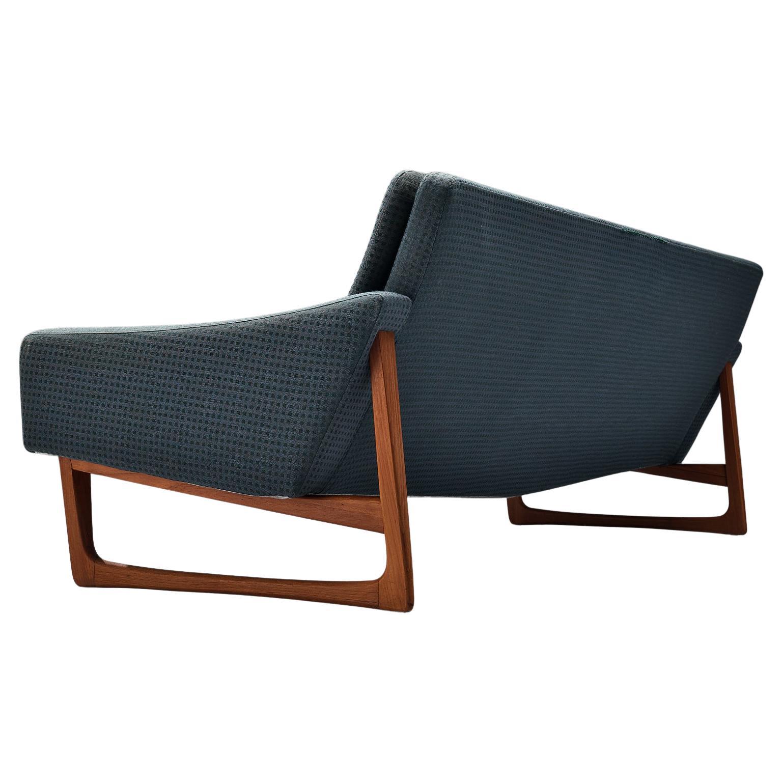 Comfortable Four Seat Sofa in Teak and Blue Upholstery