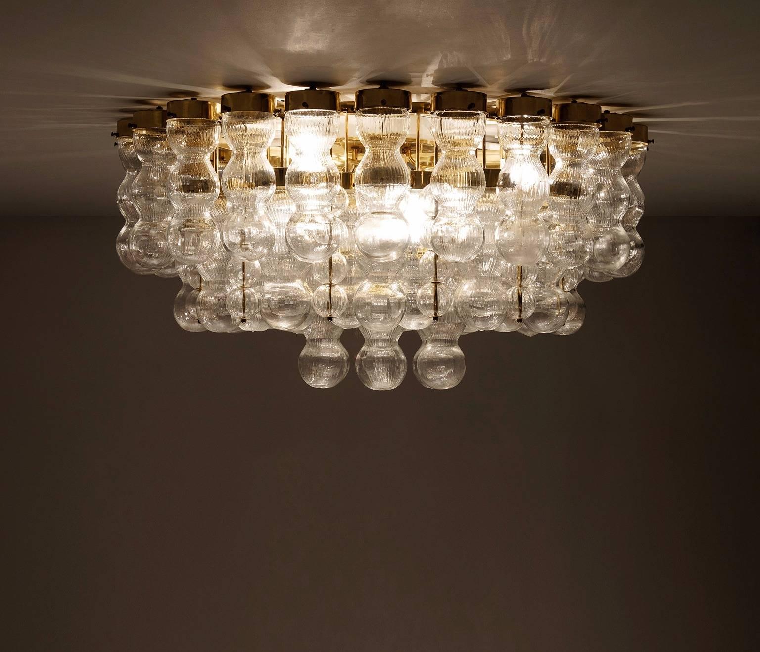 Brass Chandelier with Structured Glass circa 1970 In Good Condition In Waalwijk, NL
