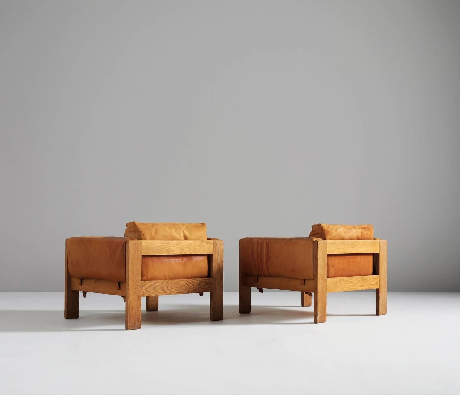 Danish Pair of Cognac Leather Oak Lounge Chairs