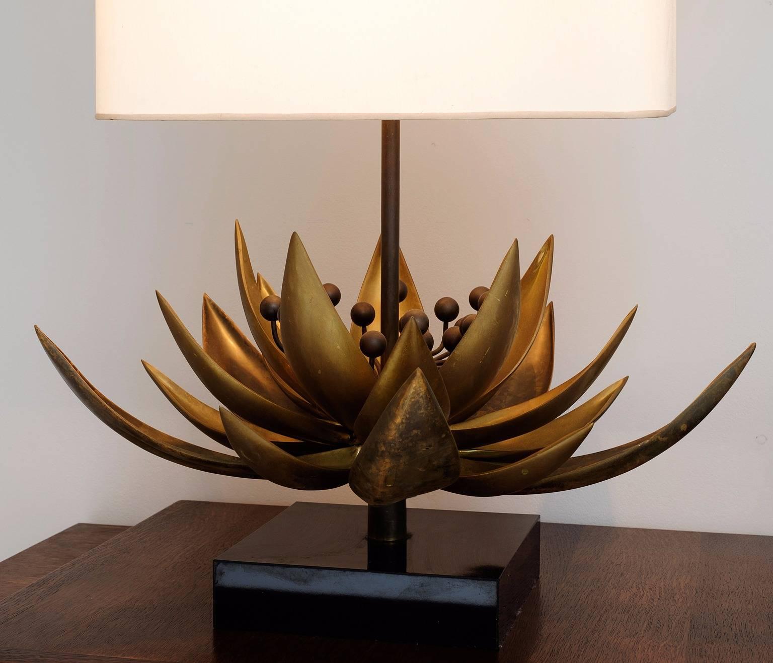 Mid-Century Modern Maison Jansen Floral Table Lamp in Mat Brass