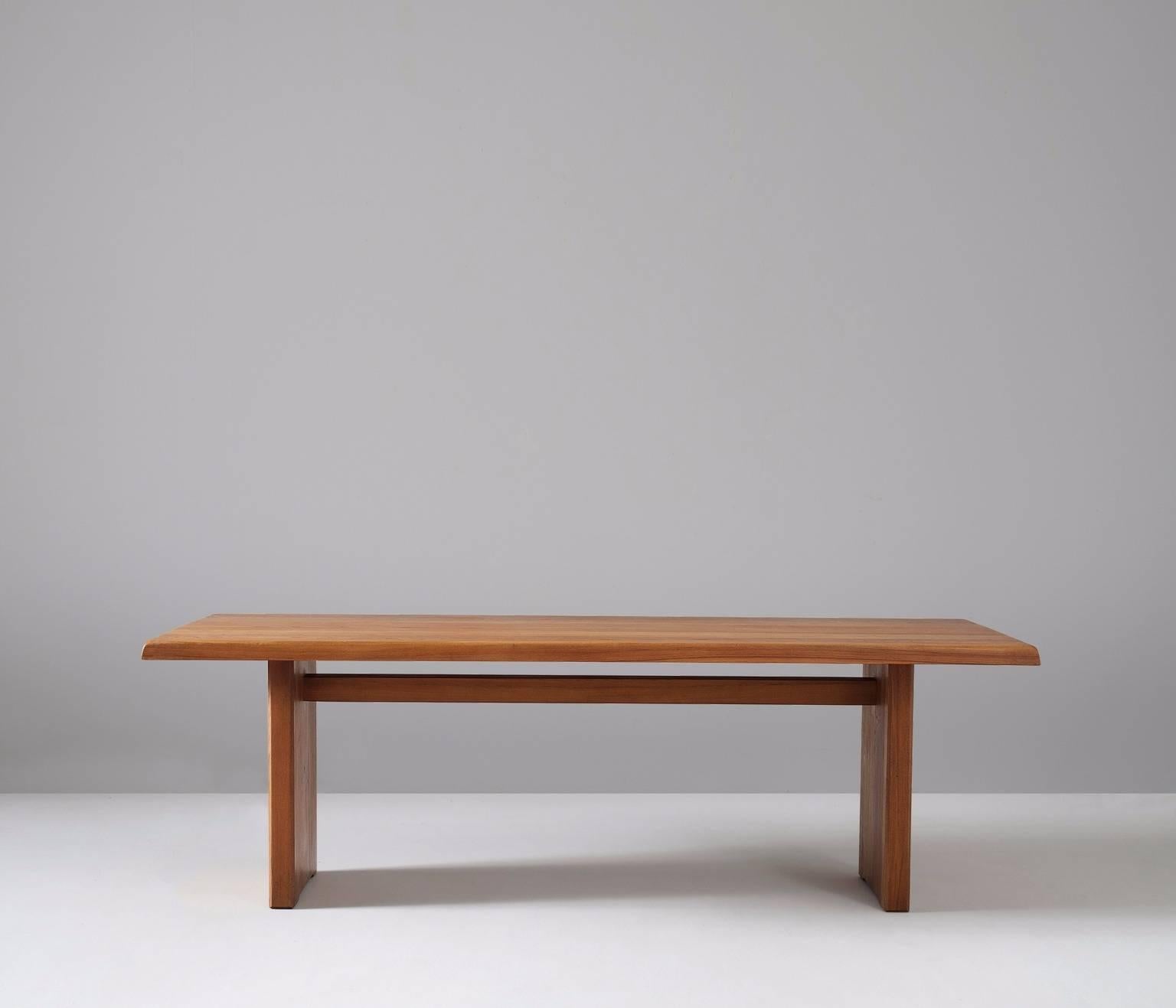 Dining table model T14D, elmwood, by Pierre Chapo, France 1960s. 

Very large dining table by French designer Pierre Chapo. The rectangular table top with sloping edges, rests on a two-legged base. High quality dining table with a strong an