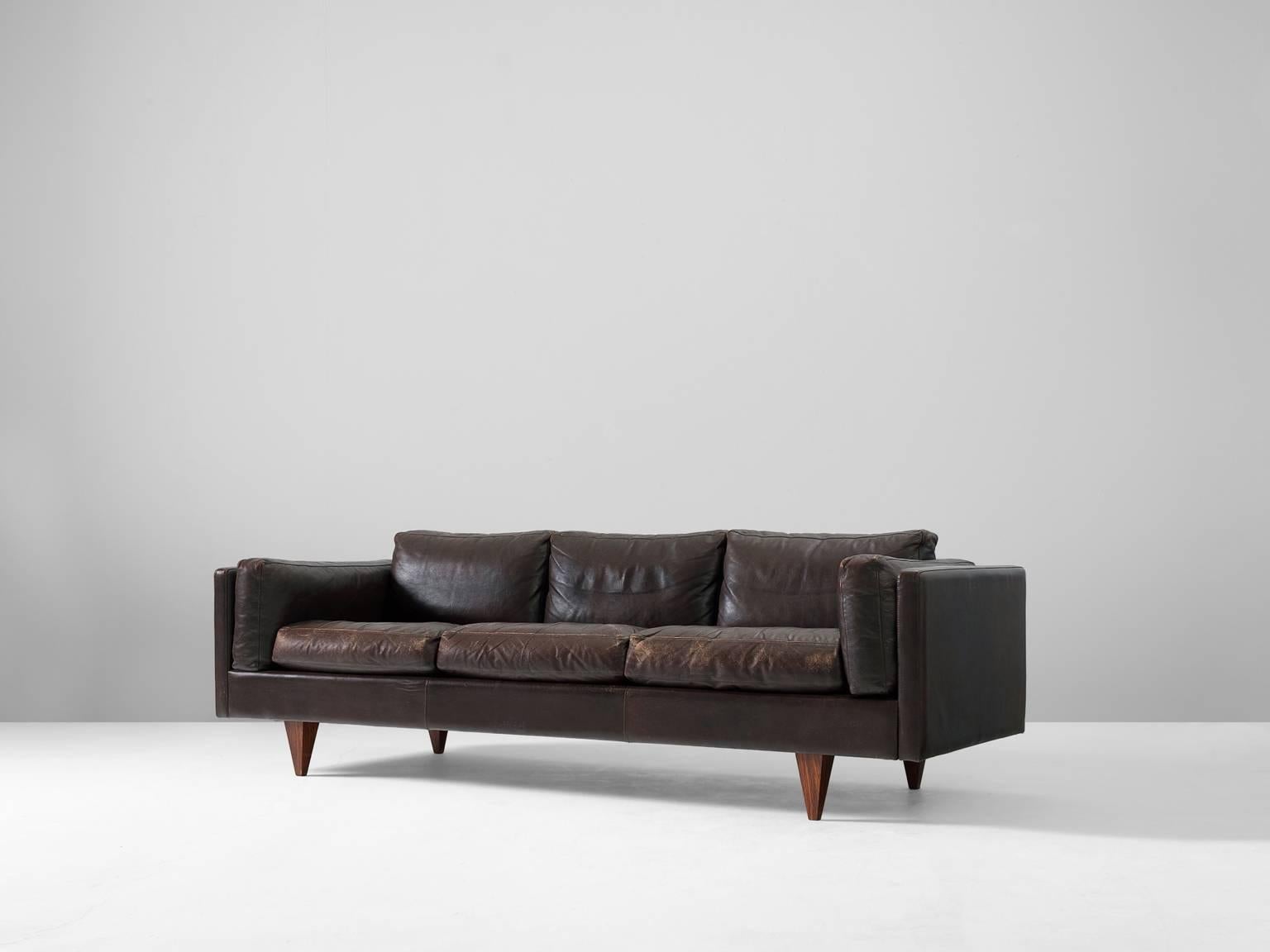 Scandinavian Modern Illum Wikkelsø Brown Leather Three-Seater Sofa 