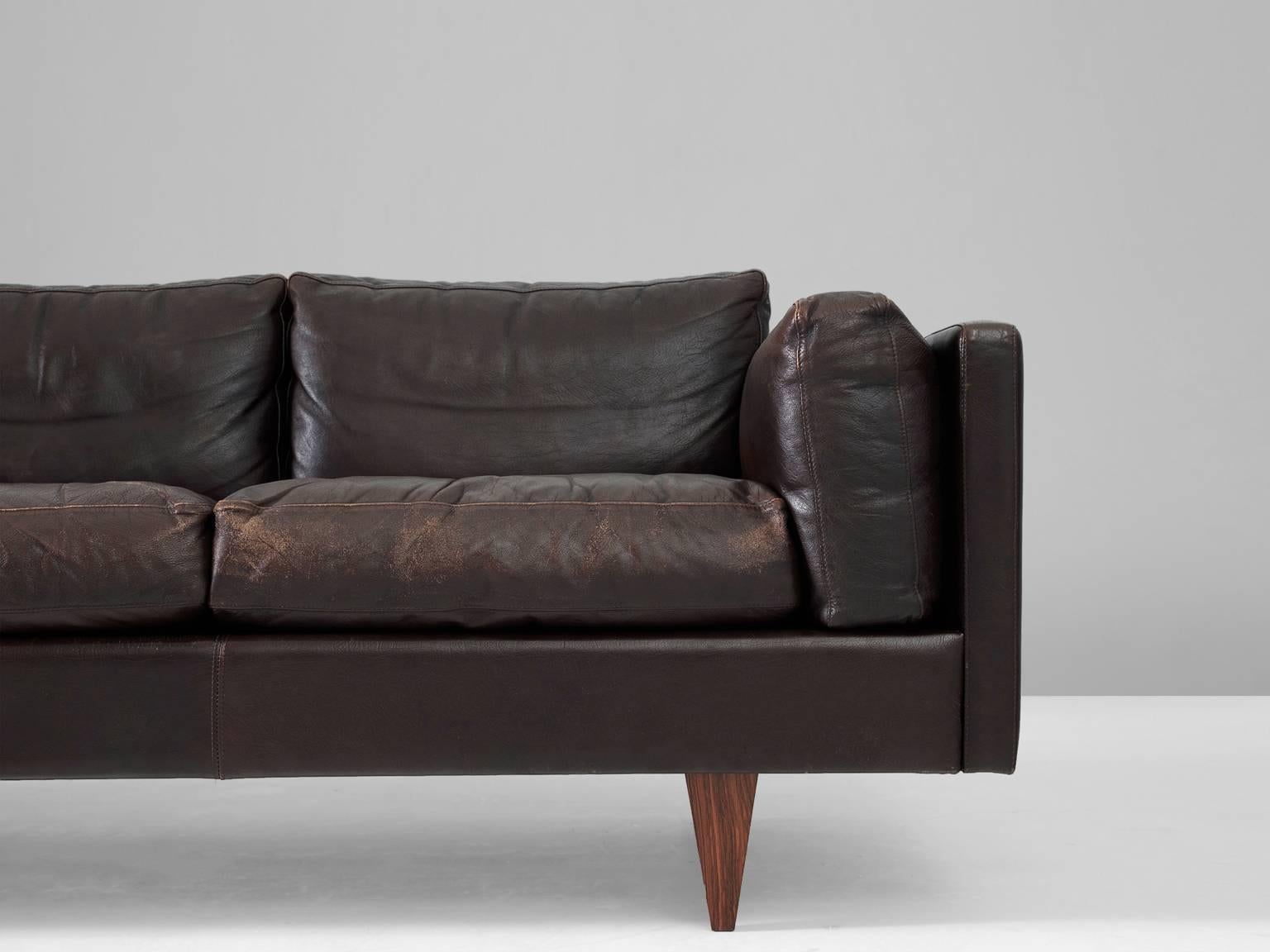 Illum Wikkelsø Brown Leather Three-Seater Sofa  In Good Condition In Waalwijk, NL