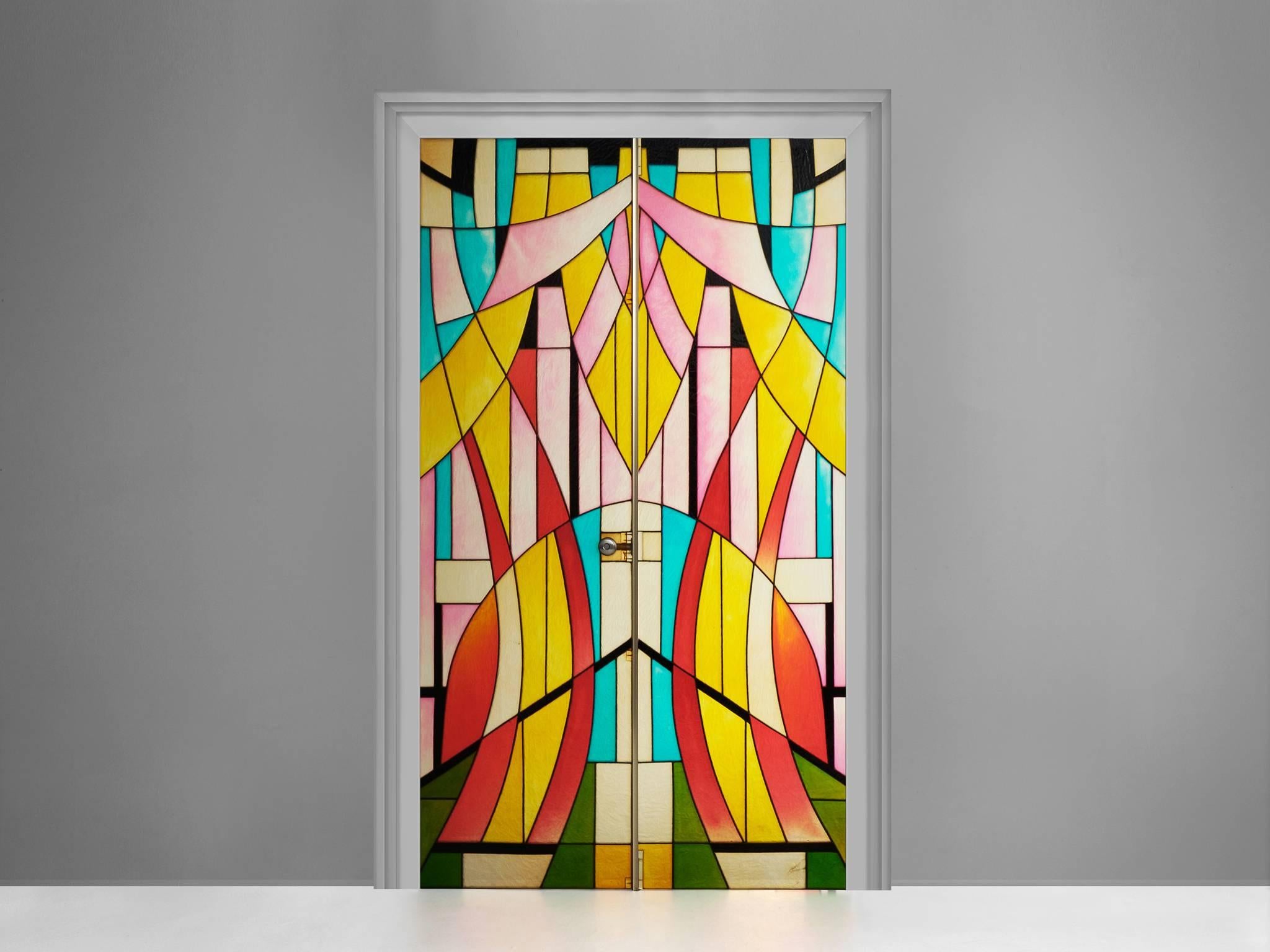 Interior doors, resin, France, 1960s.

Beautifully colored mid-20th century styled interior doors made of multicolored fiberglass. Perfect as ensuite doors. The different colored shapes creating a beautiful colored glow, even when there's no