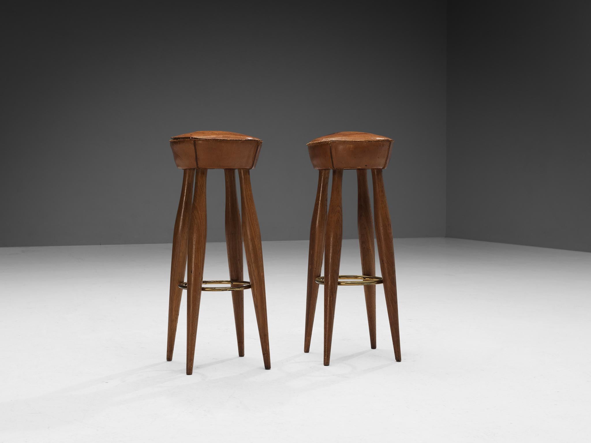 Italian Stools in Oak and Cognac Leather For Sale 1