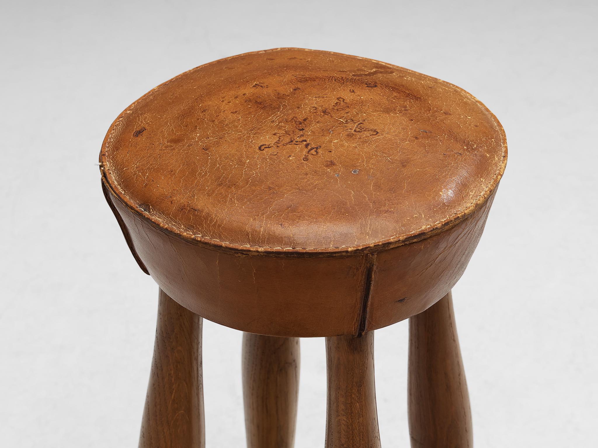 Brass Italian Stools in Oak and Cognac Leather For Sale