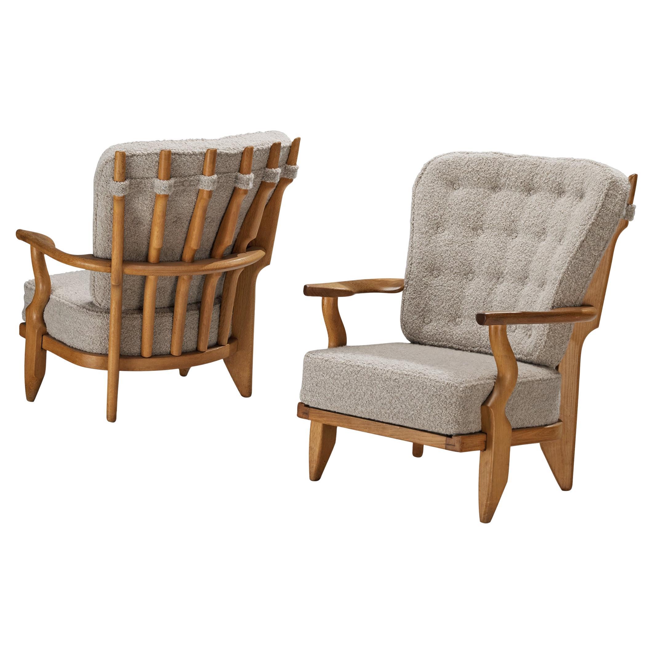 Guillerme & Chambron Pair of 'Petit Repos' Lounge Chairs in Oak and Teddy Fabric