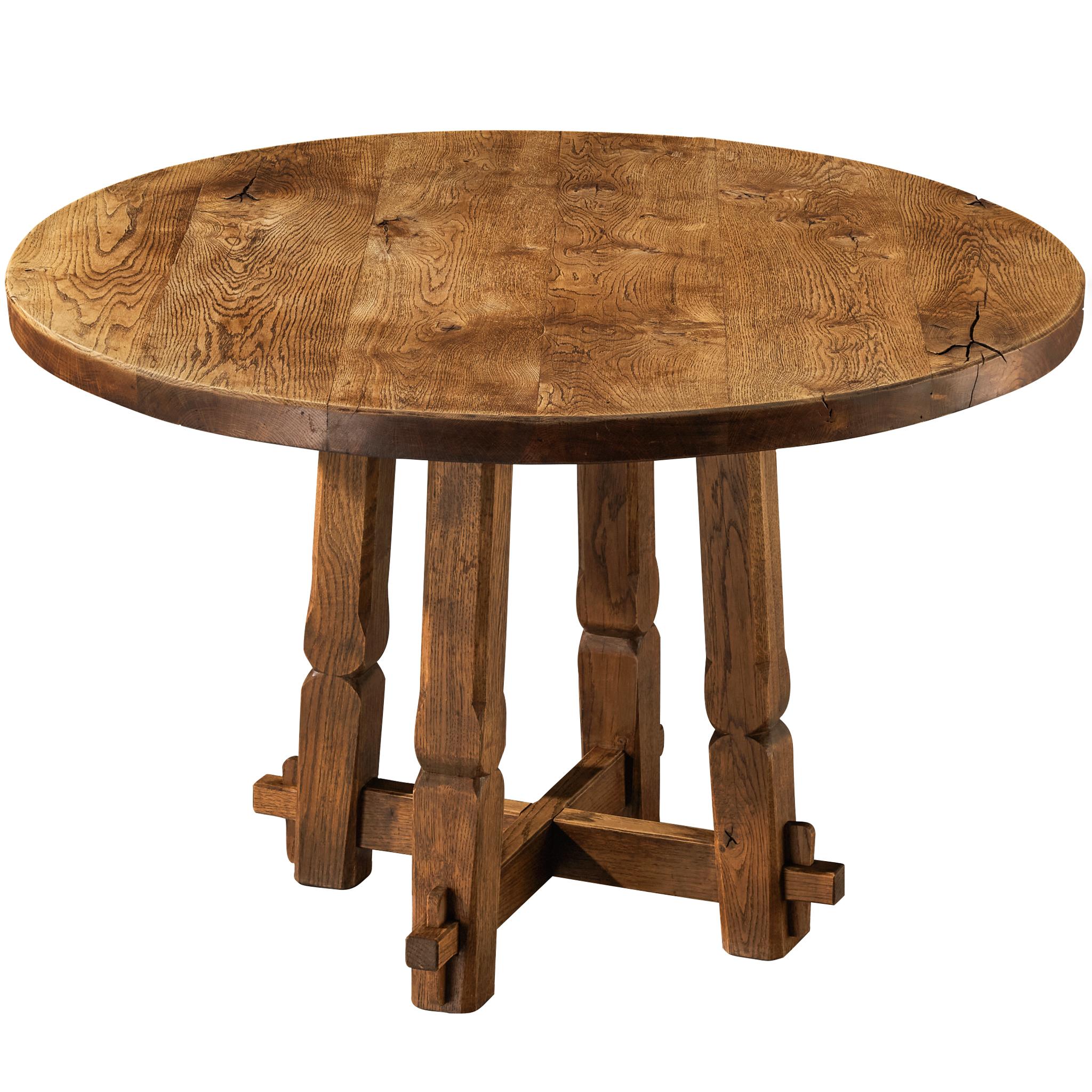 Rustic Round Dining Table in Solid Oak with Carved Base For Sale