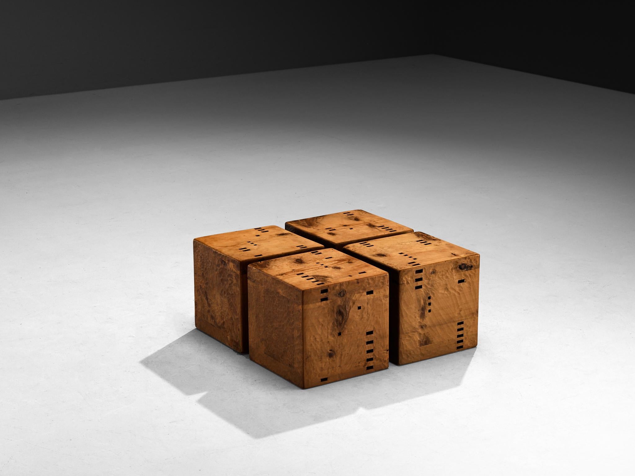 Giuseppe Rivadossi for Officina Rivadossi, cubic 'blocks' side tables, pine, Italy, 1970s

These cubic-shaped side tables are very rare works - only made once - by wood master Giuseppe Rivadossi, reflecting a heavy, hand-worked style that shows the