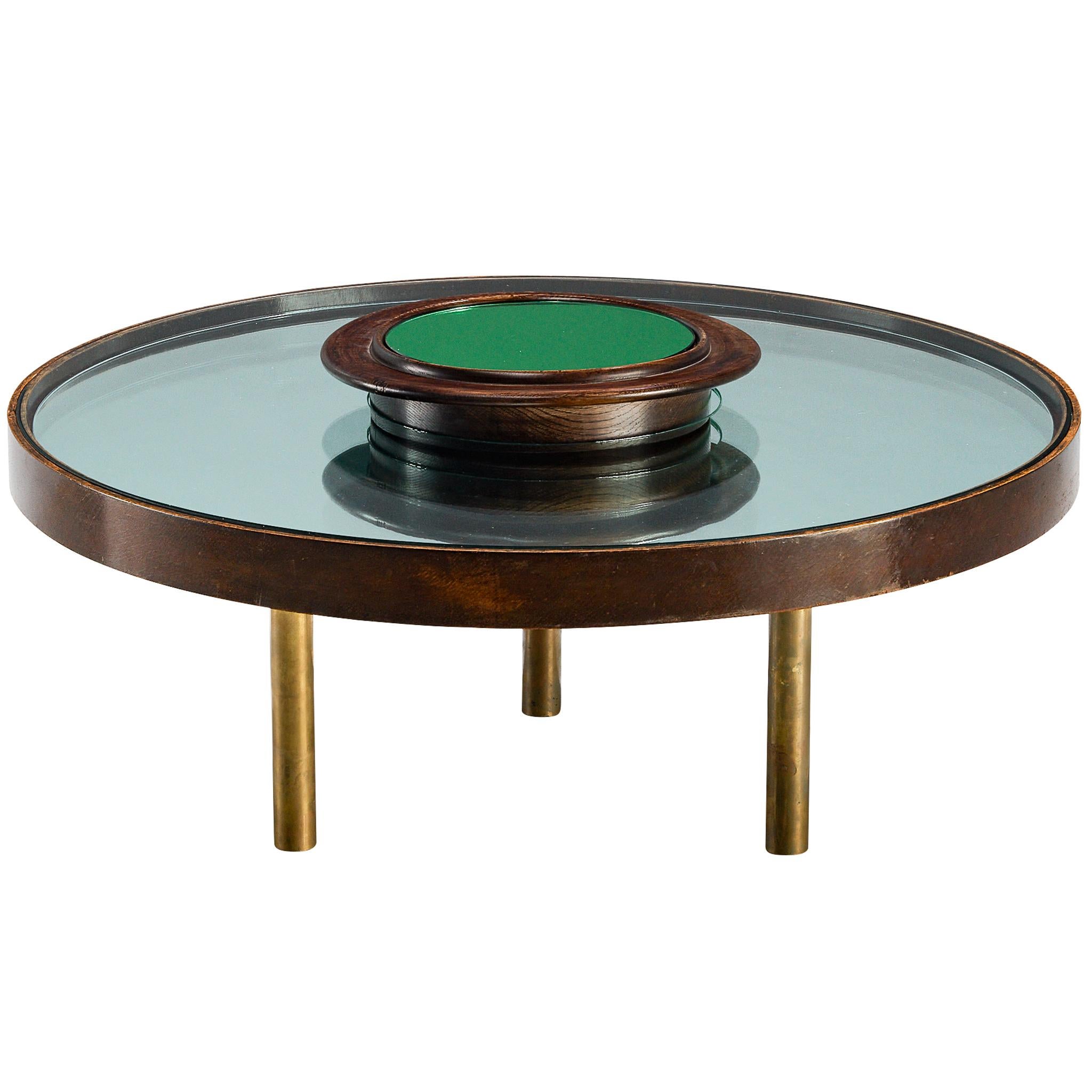 Table basse Luigi Fontana & C. des années 1930 en verre cristal, chêne et laiton en vente
