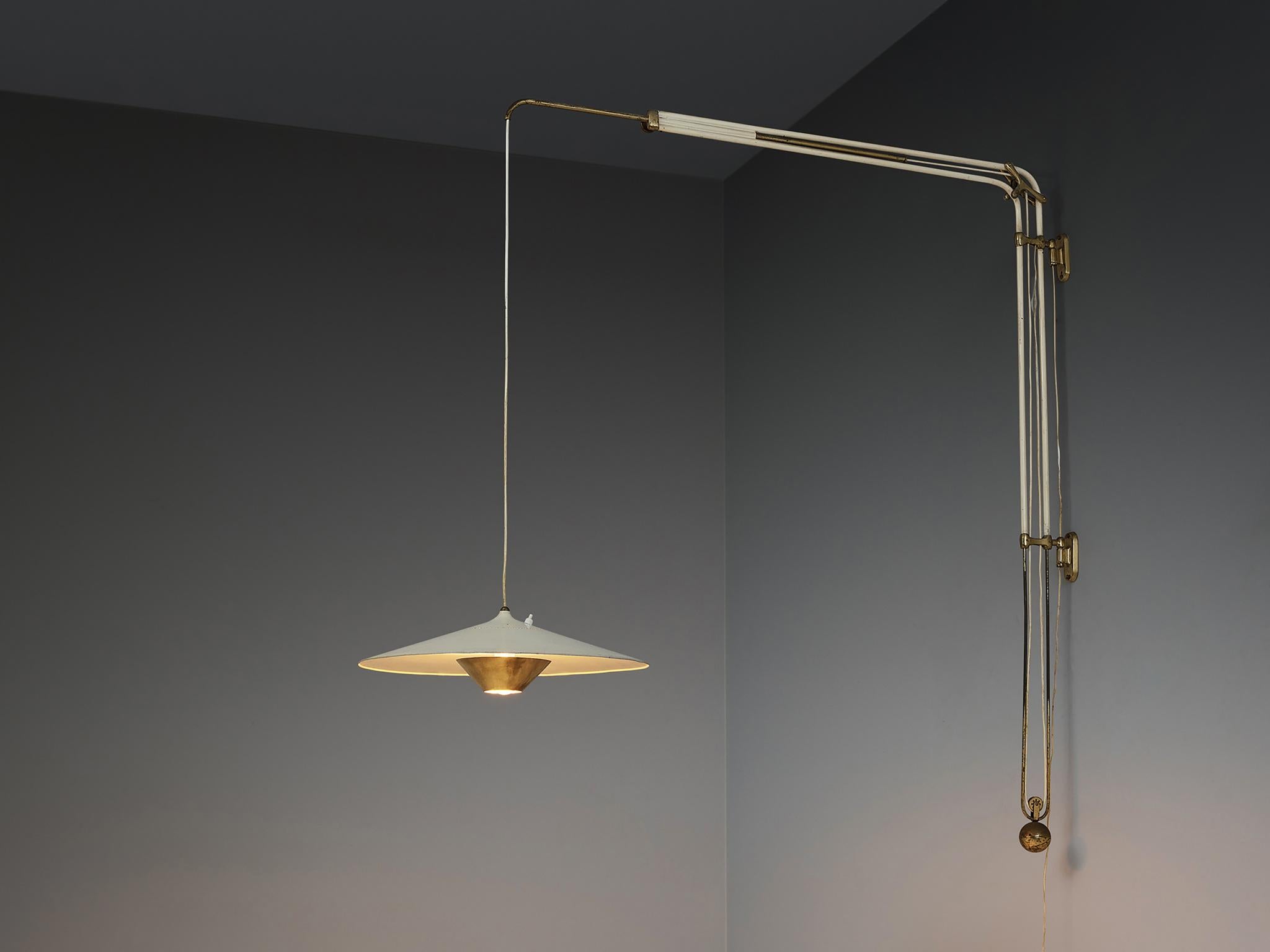 Franco Buzzi for O-Luce, wall light, model 'B3', enameled aluminum, enameled steel, brass, Italy, 1949

This exceptional Italian wall-mounted wall light is the B3 model designed by Franco Buzzi for O-Luce. The spherical-shaped counterweight in brass