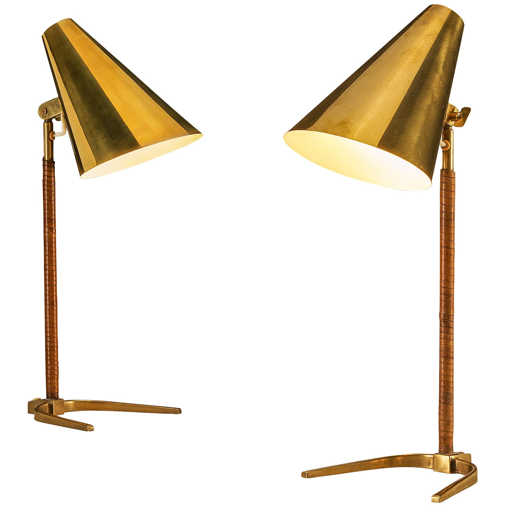 Paavo Tynell for Taito Oy '9225' Table Lamps in Brass and Leather