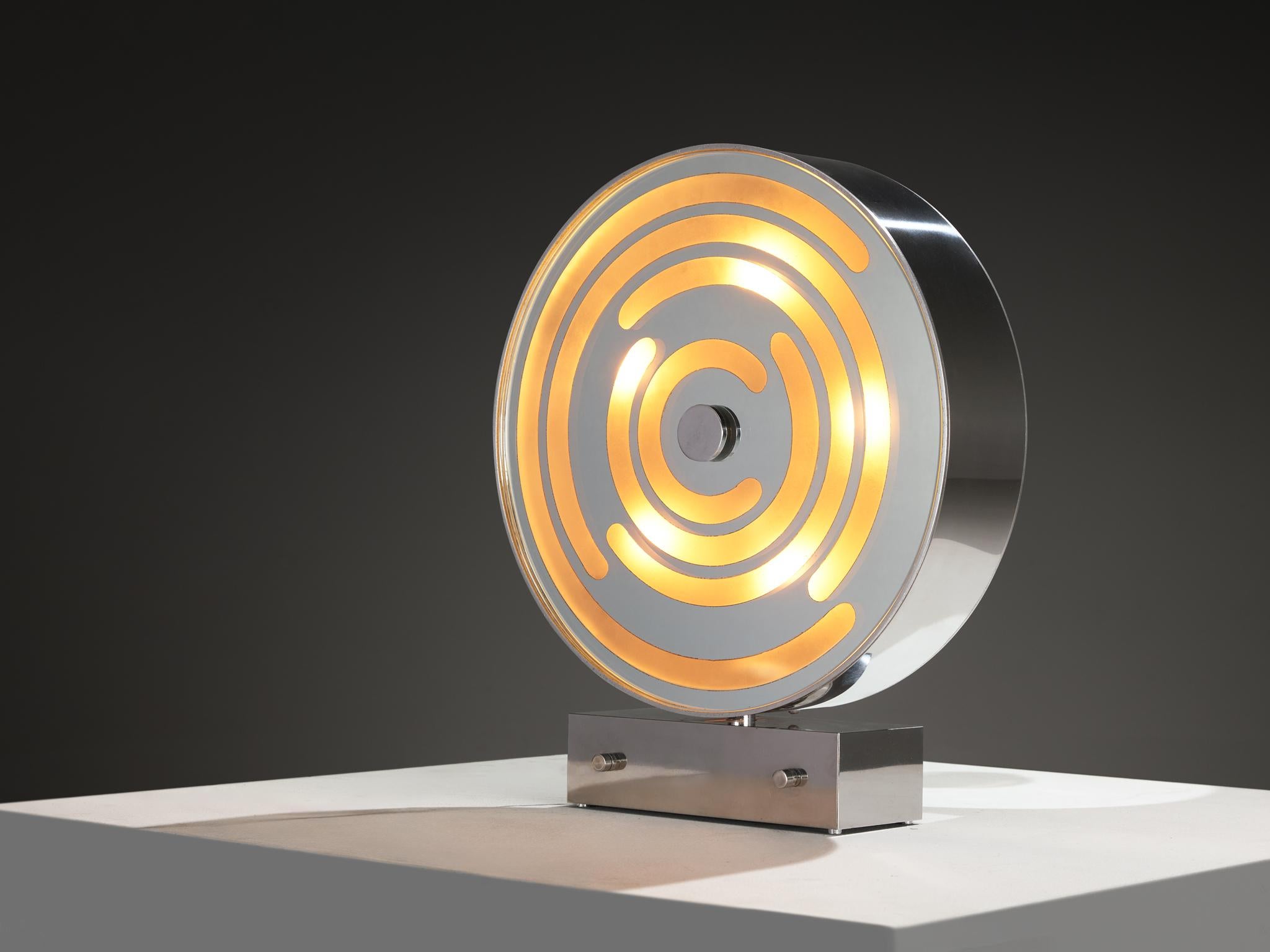 Innocente Gandini for Arredoluce, 'Sunlight' table lamp, model '14100', mirrored sandblasted glass, chrome-plated steel, Italy, circa 1970

This special lighting piece, created by the Italian multidisciplinary artist Innocente Gandini, is known as