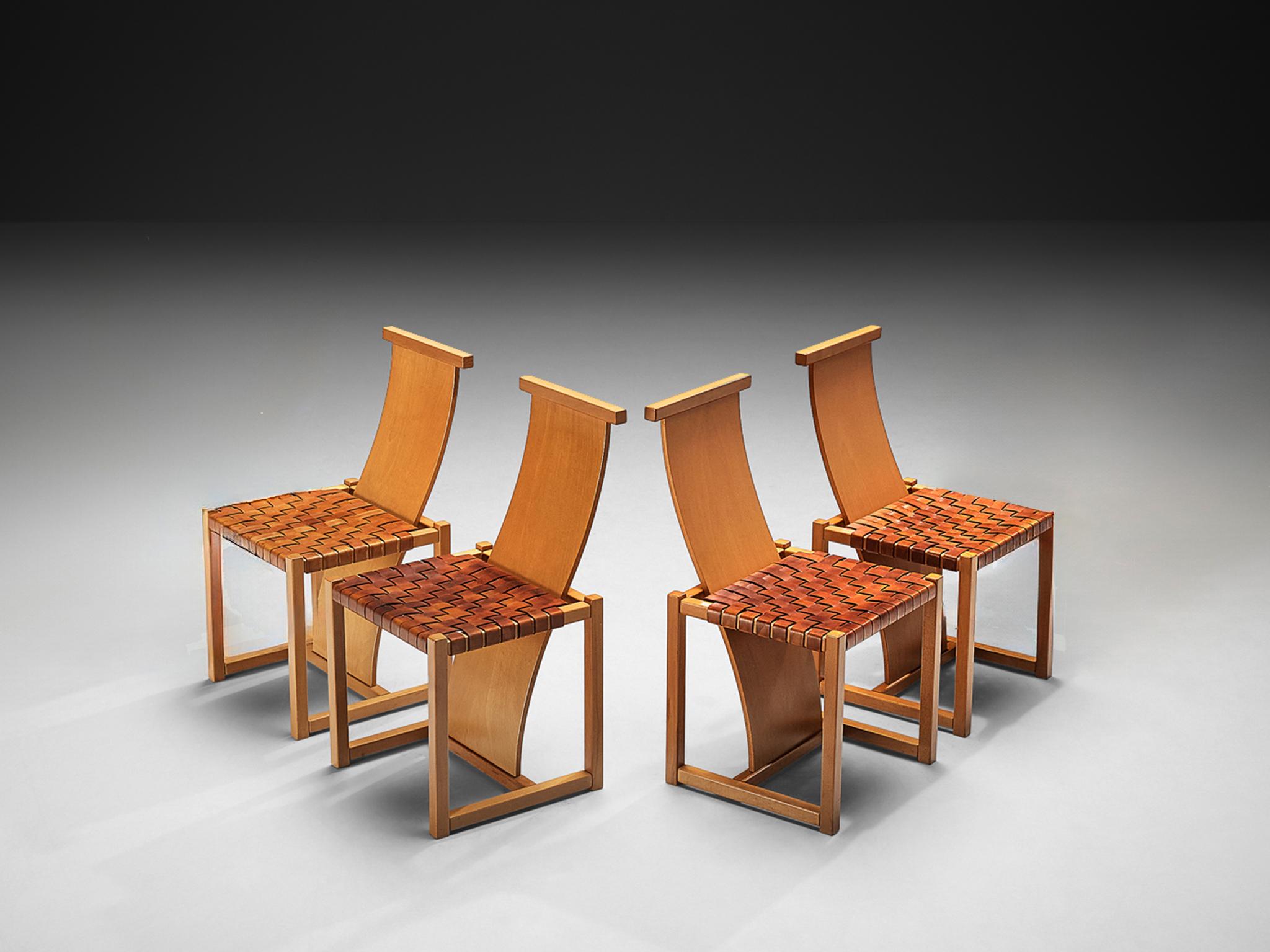 Italian Set of Four Dining Chairs With Woven Leather Seats and High Backrests