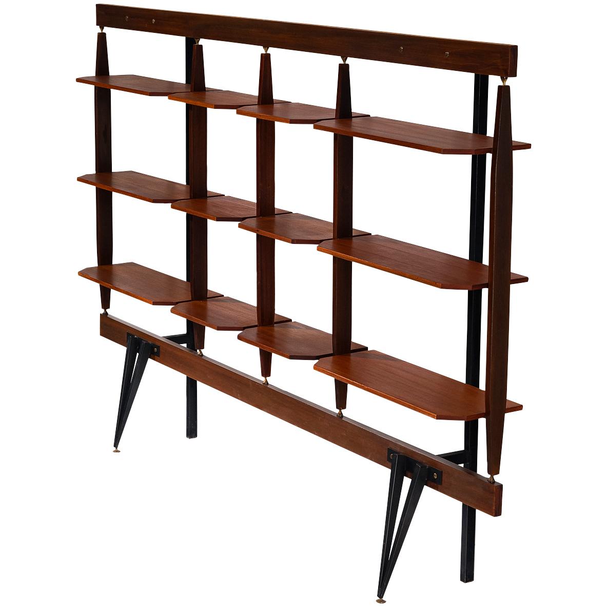 Elegant Italian Wall Unit in Teak, Brass and Steel For Sale