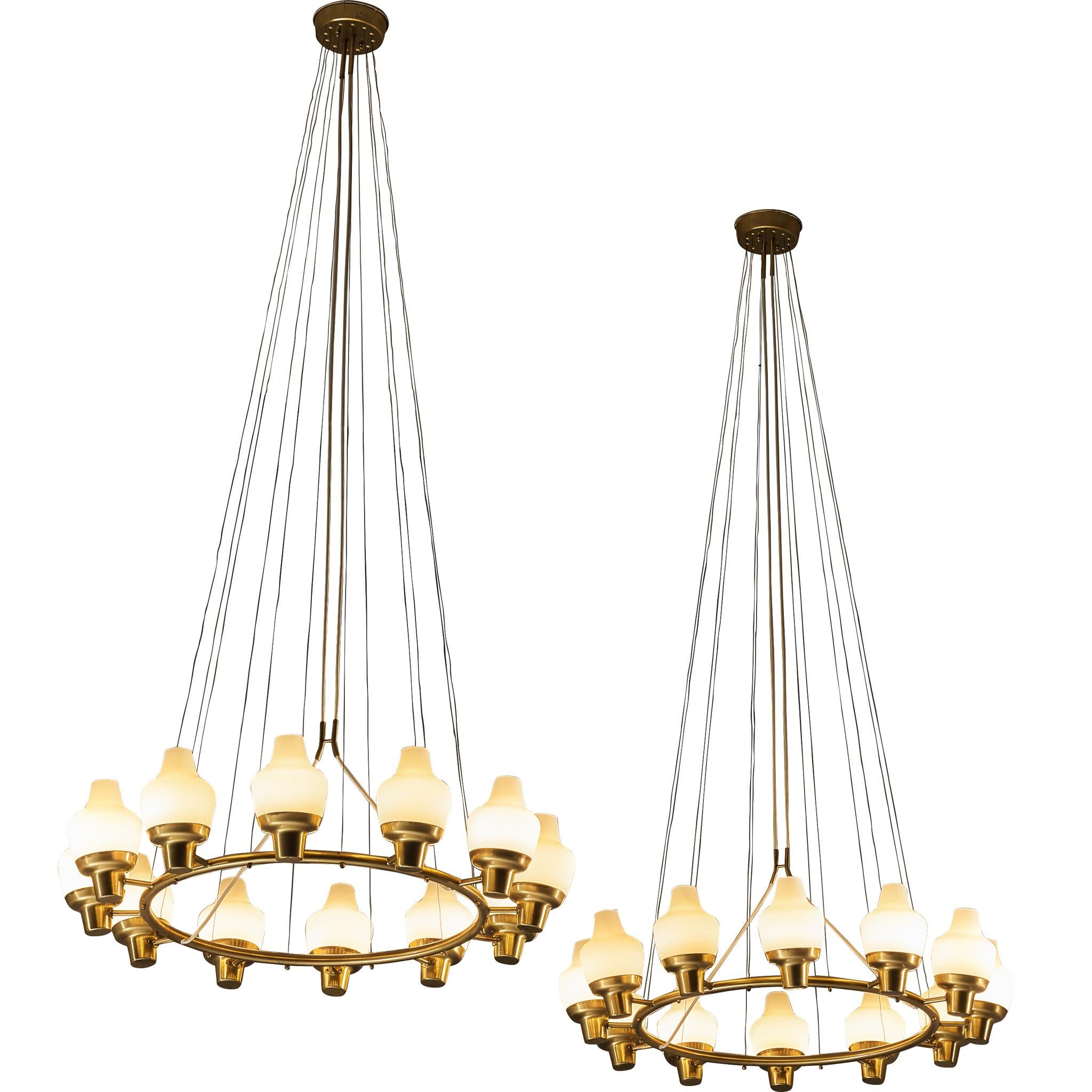 Hans Bergström for Ateljé Lyktan Chandeliers in Brass and Frosted Glass