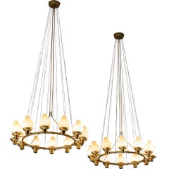 Hans Bergström for Ateljé Lyktan Chandeliers in Brass and Frosted Glass
