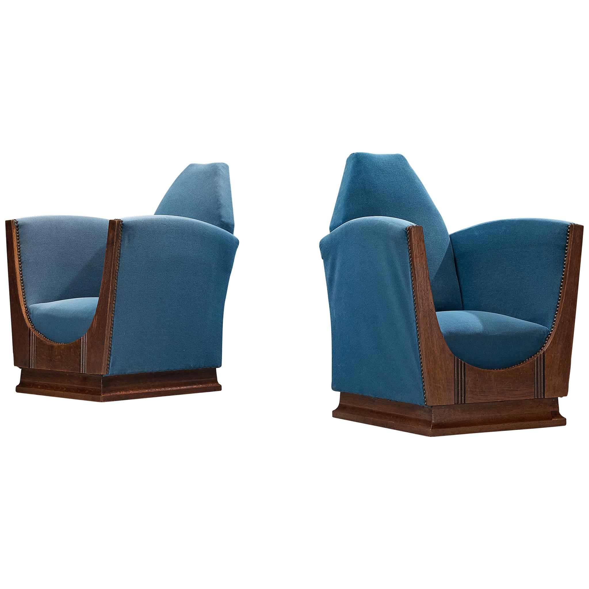 French Pair of Art Deco Lounge Chairs in Blue Velvet and Oak For Sale