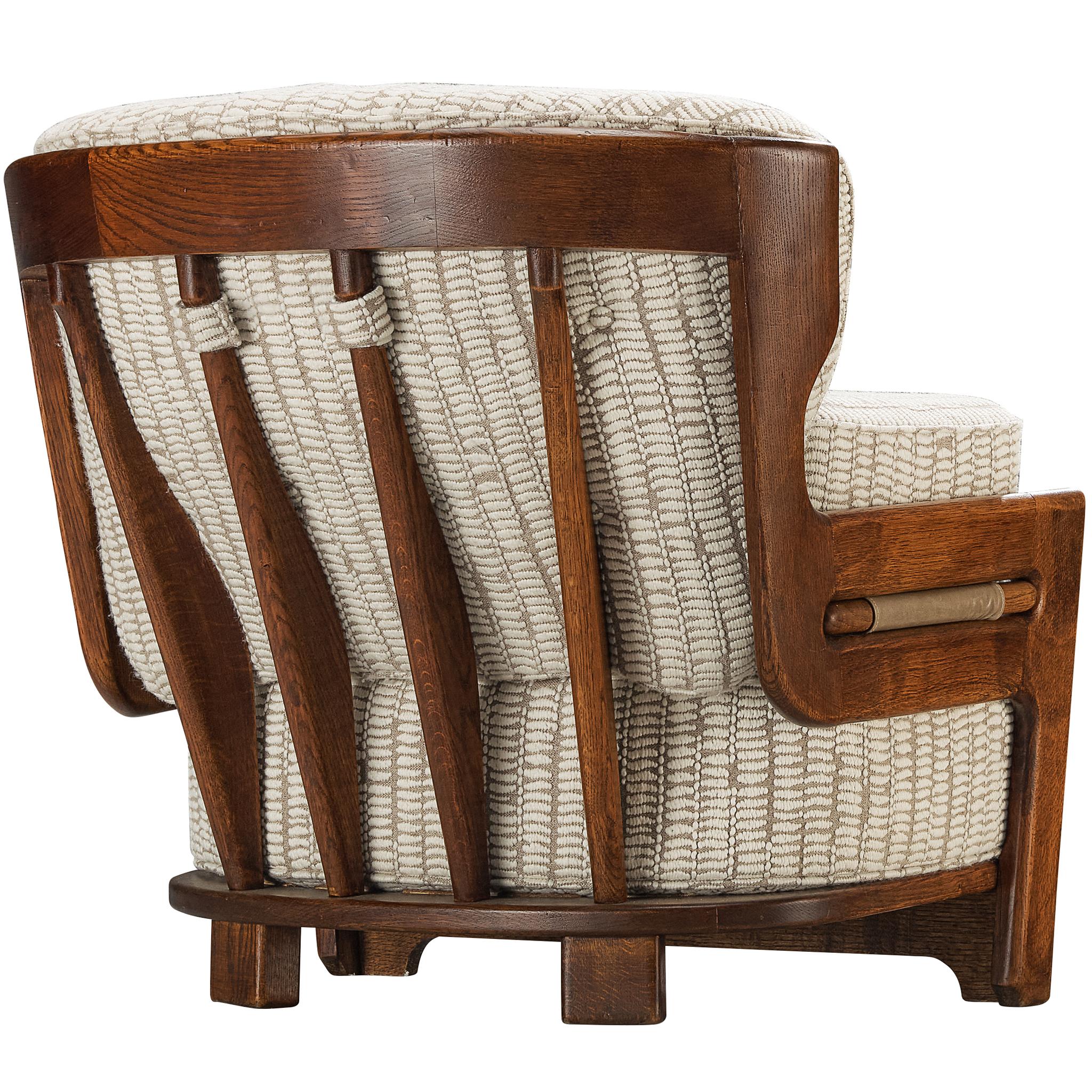 Guillerme & Chambron 'Denis' Lounge Chair in Solid Oak and Pierre Frey Fabric