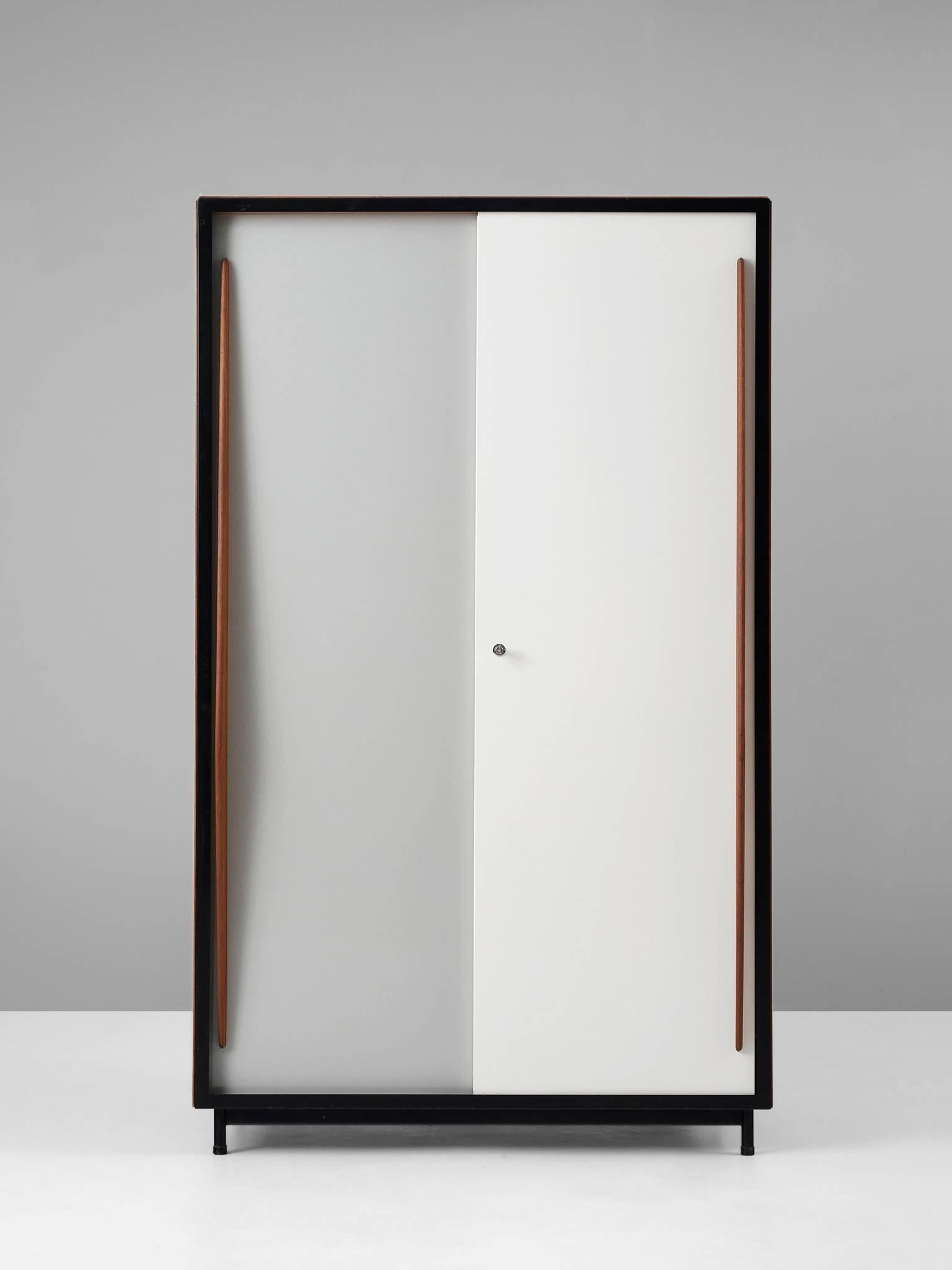 Willy Van Der Meeren for Tubax, Cabinet, in wood, mahogany and metal, Belgium, 1952. 

Nice early example of Industrial Design from the Belgium modernist stream, designed by Willy Van Der Meeren. Originally designed for use in school buildings and