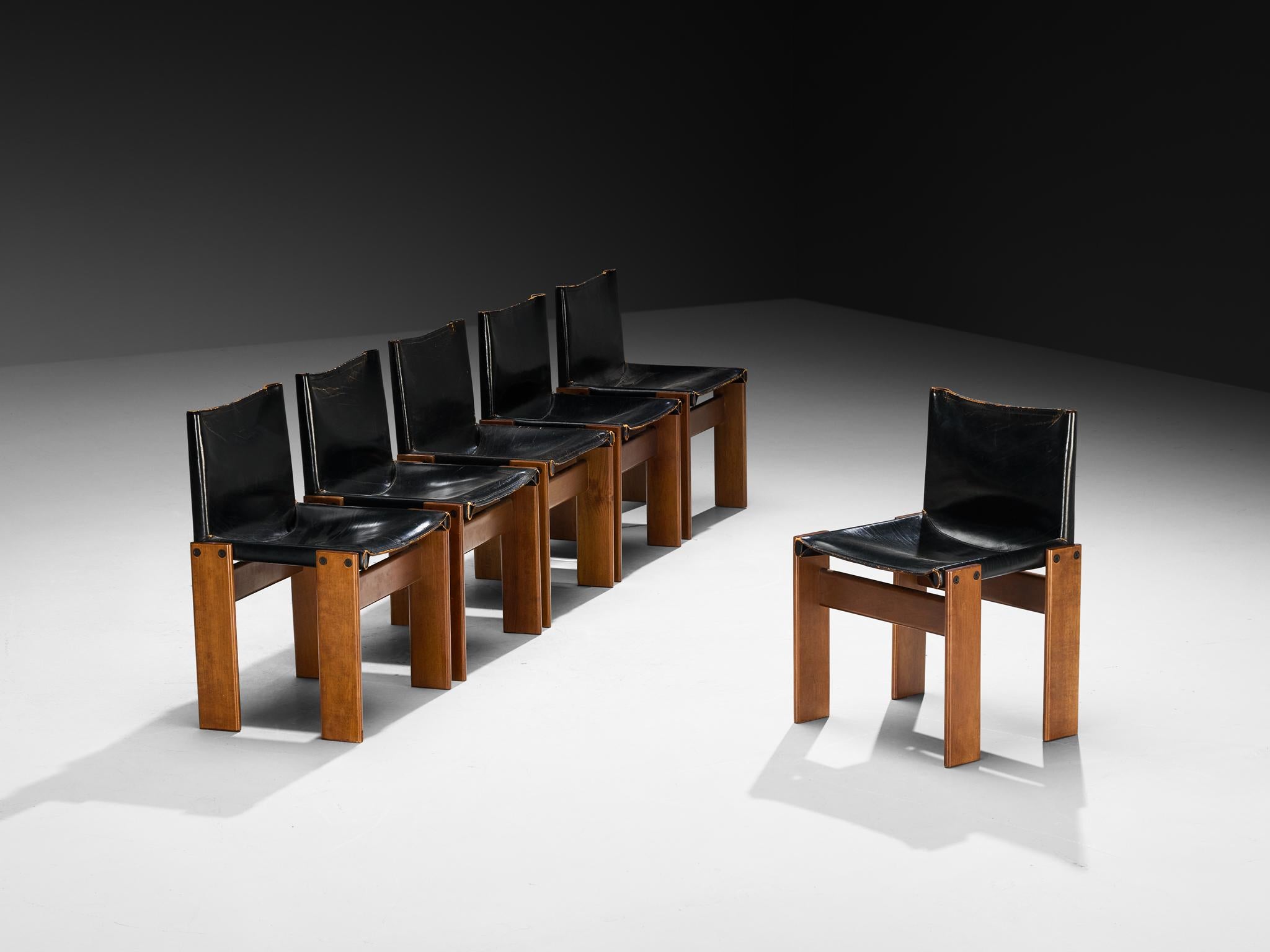 Afra & Tobia Scarpa for Molteni, set of six 'Monk' dining chairs, walnut, leather, Italy, 1974.

Set of six 'Monk' chairs by Italian designers Afra & Tobia Scarpa. The black leather forms a striking combination with the warm tone of the walnut wood.