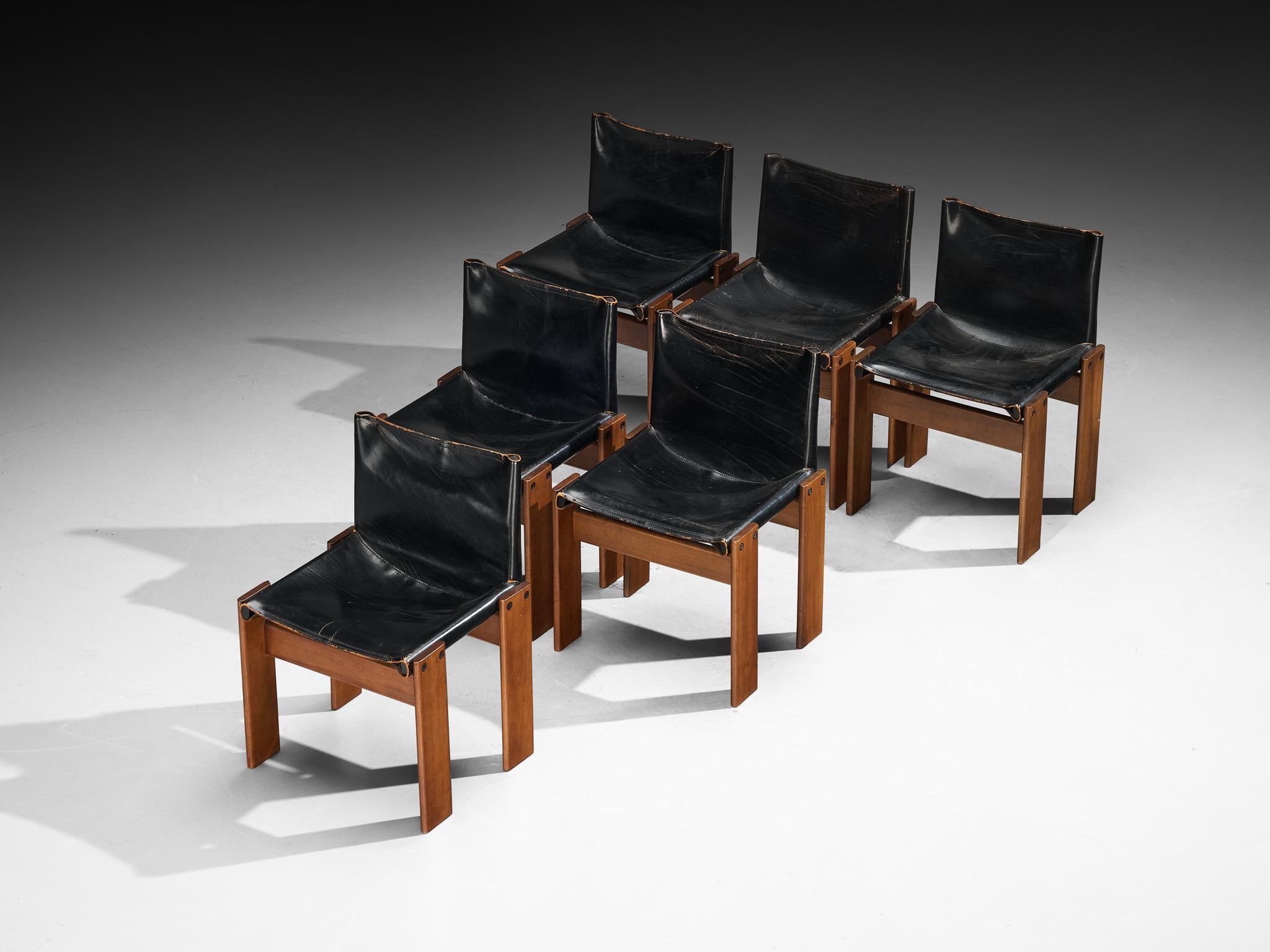Afra & Tobia Scarpa for Molteni Set of Six 'Monk' Dining Chairs in Walnut and Leather im Angebot 1