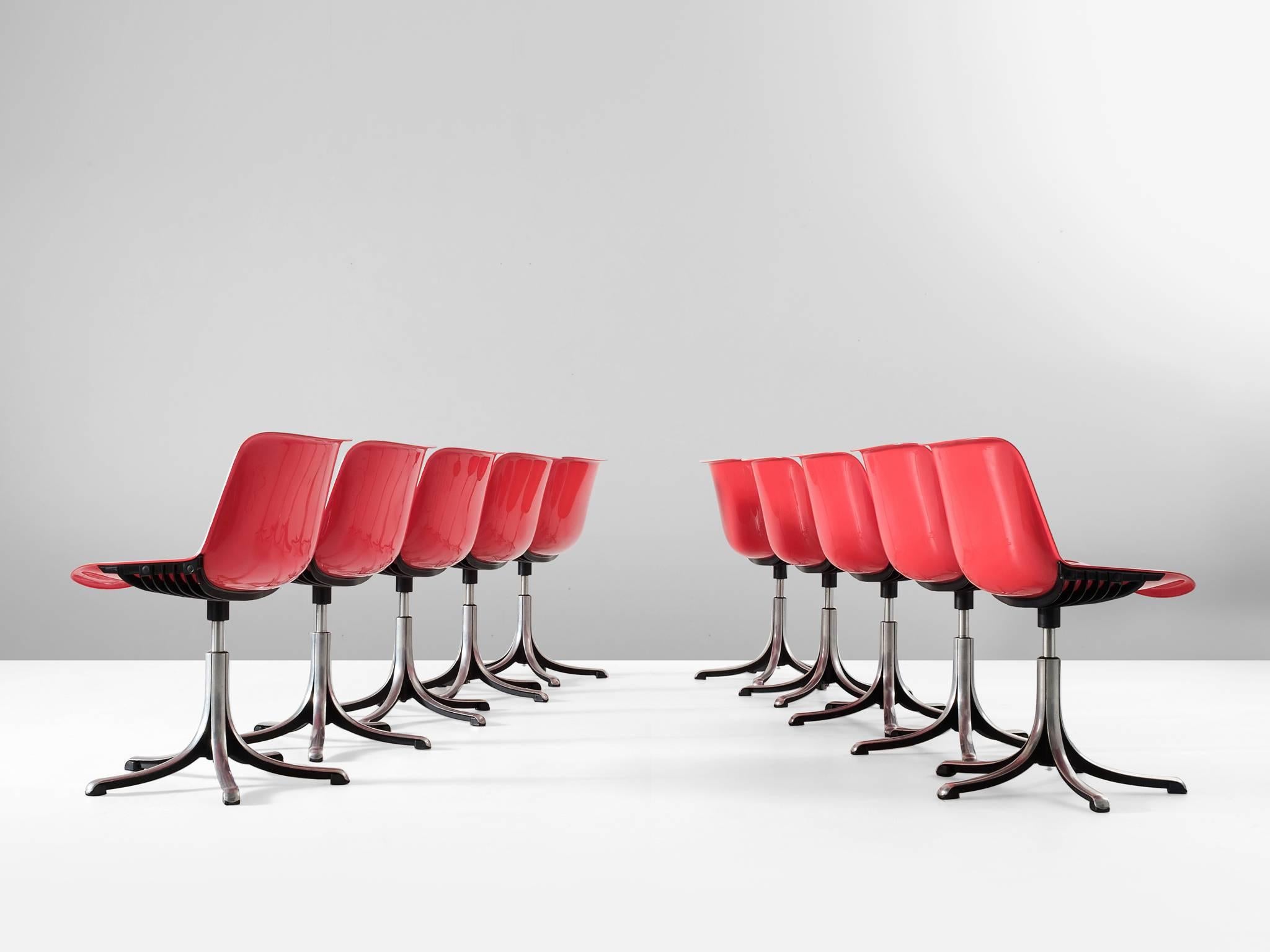 Mid-Century Modern Set of Ten Red 'Modus' Chairs for Tecno, Italy 